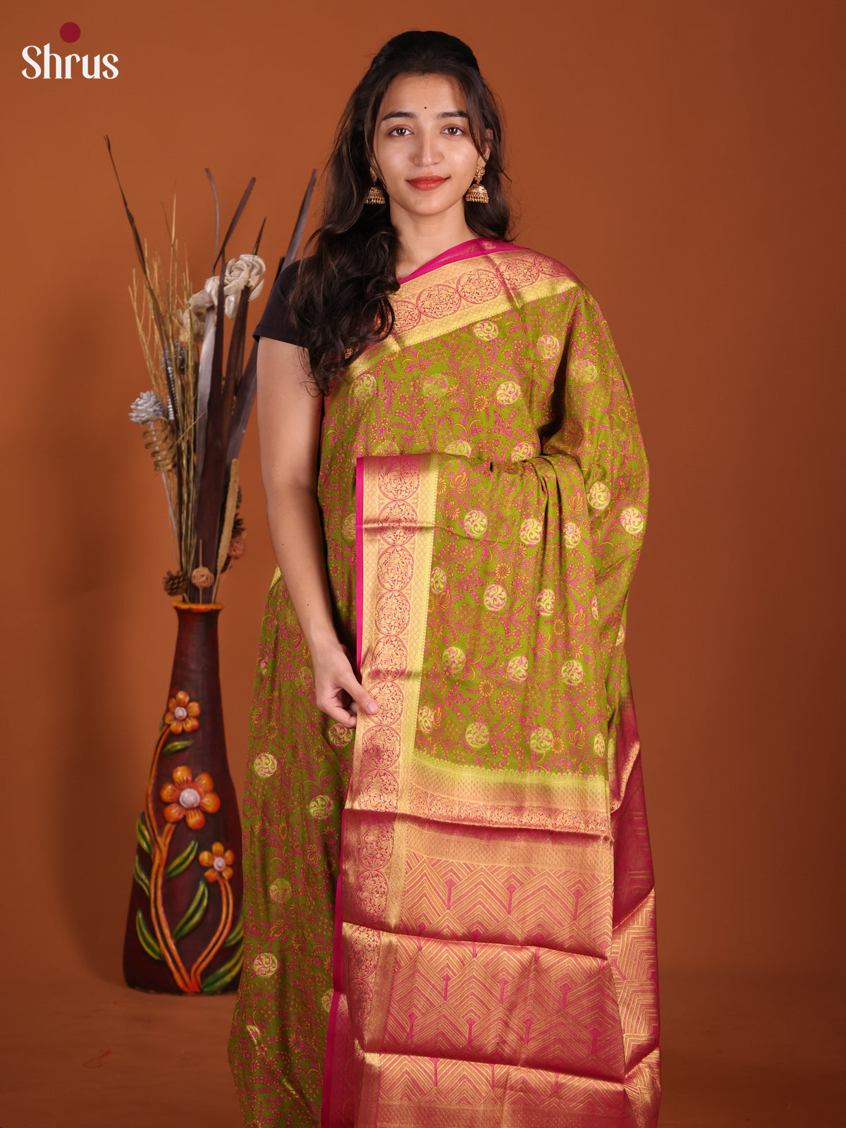 Green & Pink - Semi Mysoresilk Saree - Shop on Shrus.com