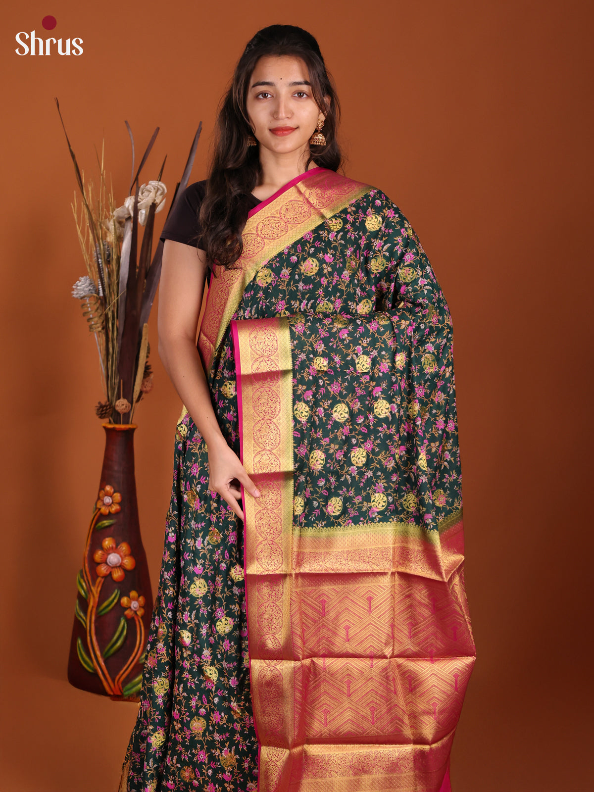 Dark Green & Pink - Semi Mysoresilk Saree