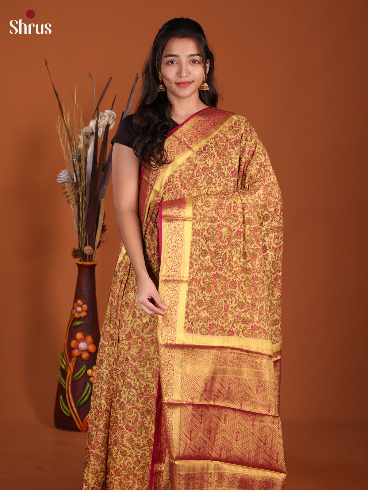 Sandal & Purple- Semi Mysoresilk Saree