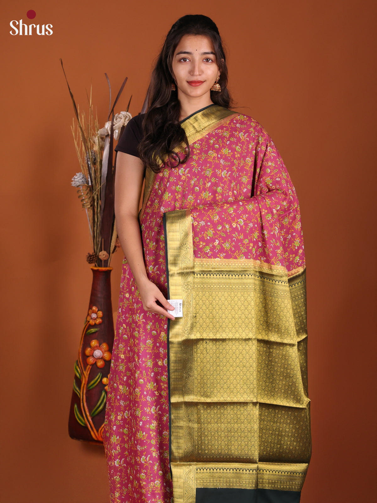 Pink & green- Semi Mysoresilk Saree