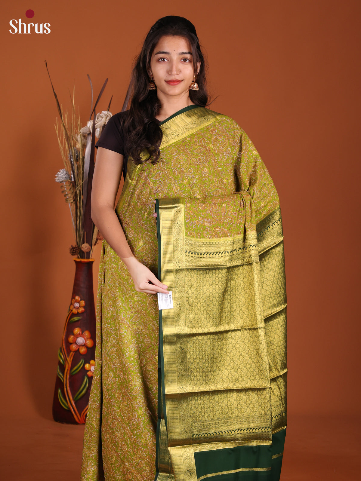 Mehandi green & green- Semi Mysoresilk Saree - Shop on Shrus.com