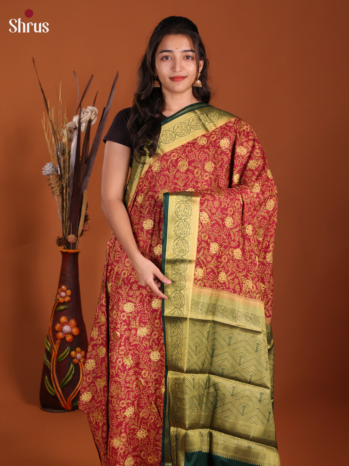 Red & Green - Semi Mysoresilk Saree - Shop on Shrus.com