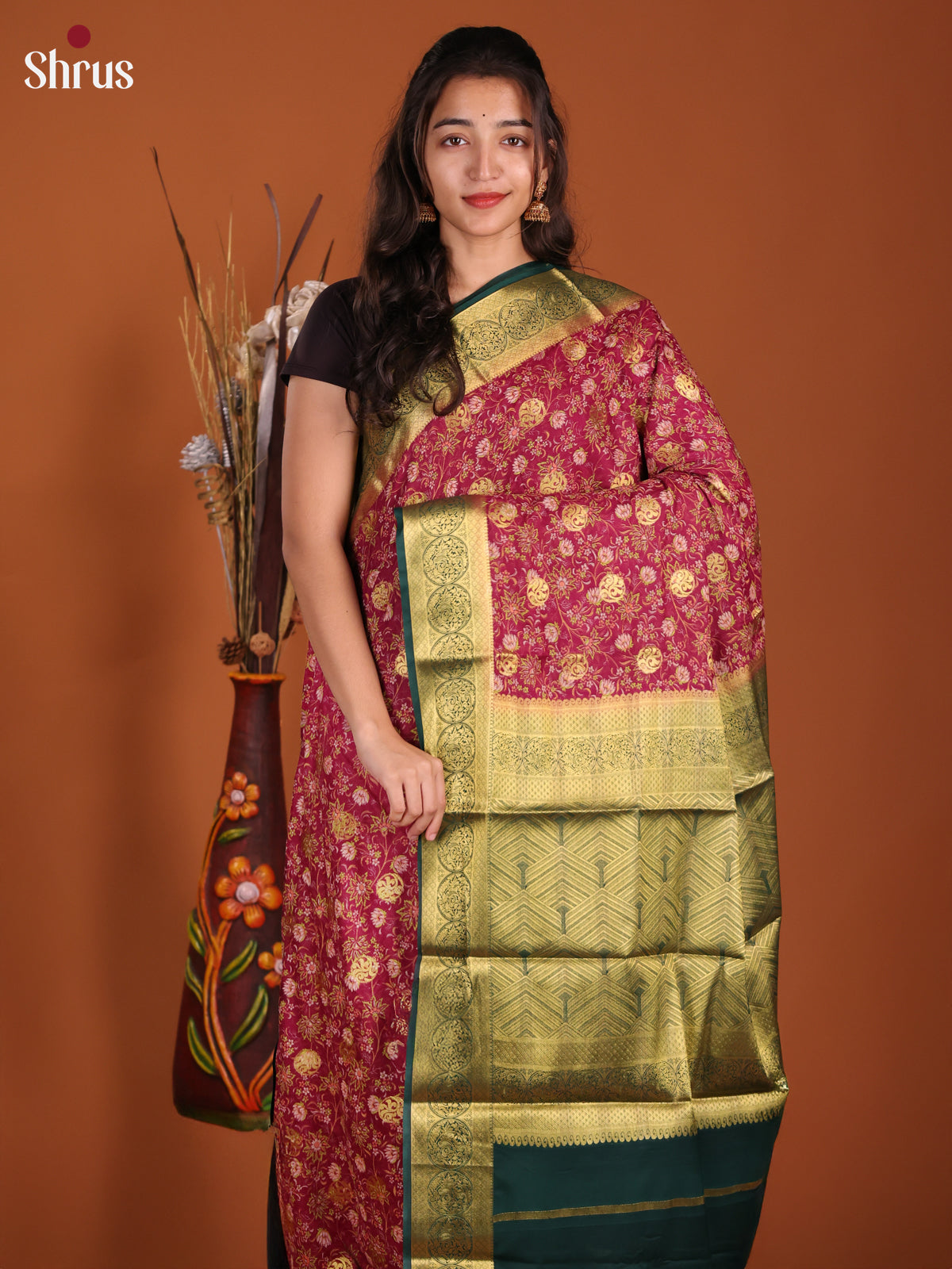 Maroon & Green - Semi Mysoresilk Saree