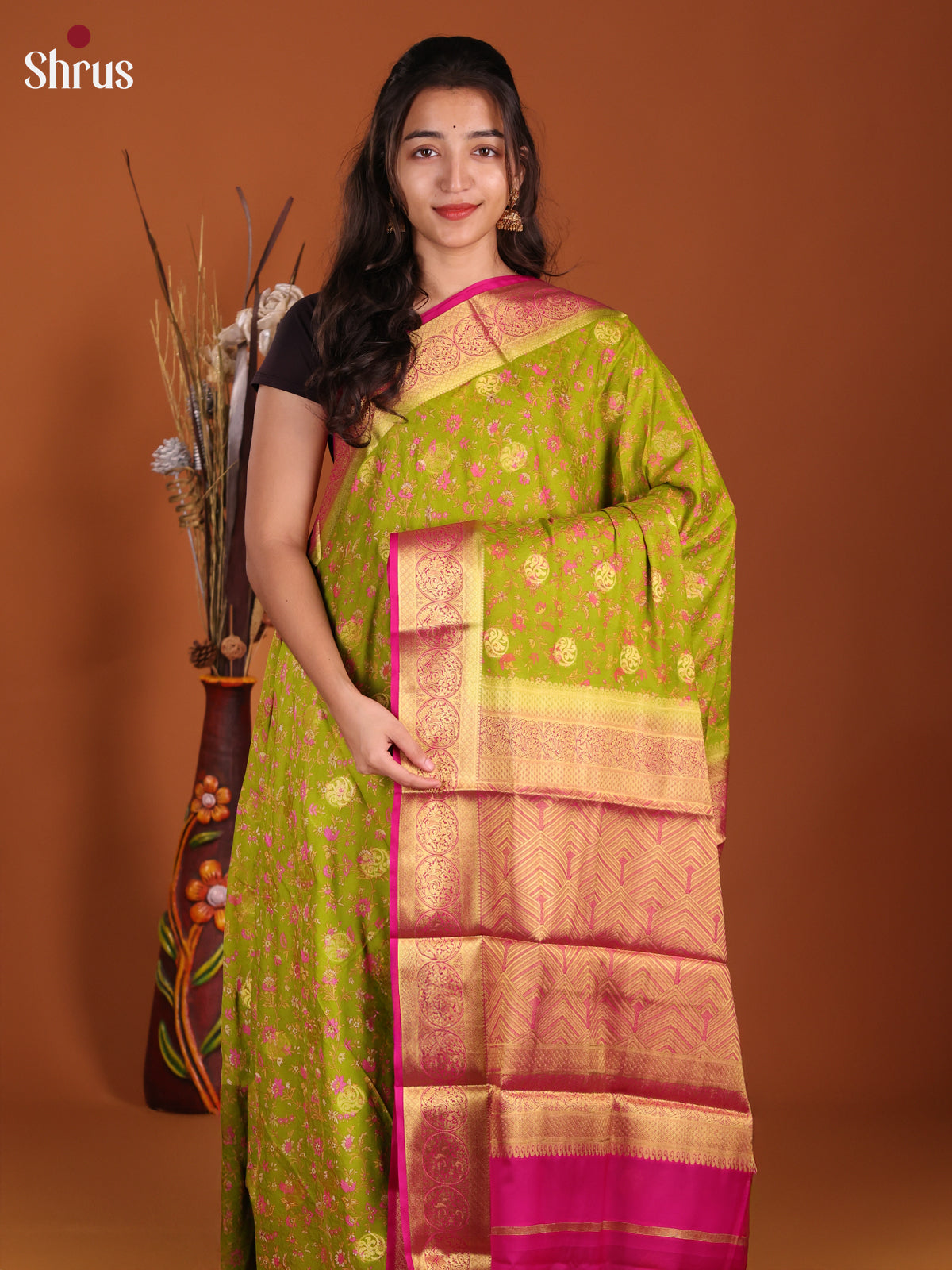 Light Green & Pink - Semi Mysoresilk Saree