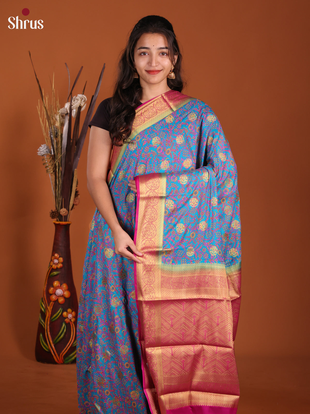 Blue & Pink - Semi Mysoresilk Saree