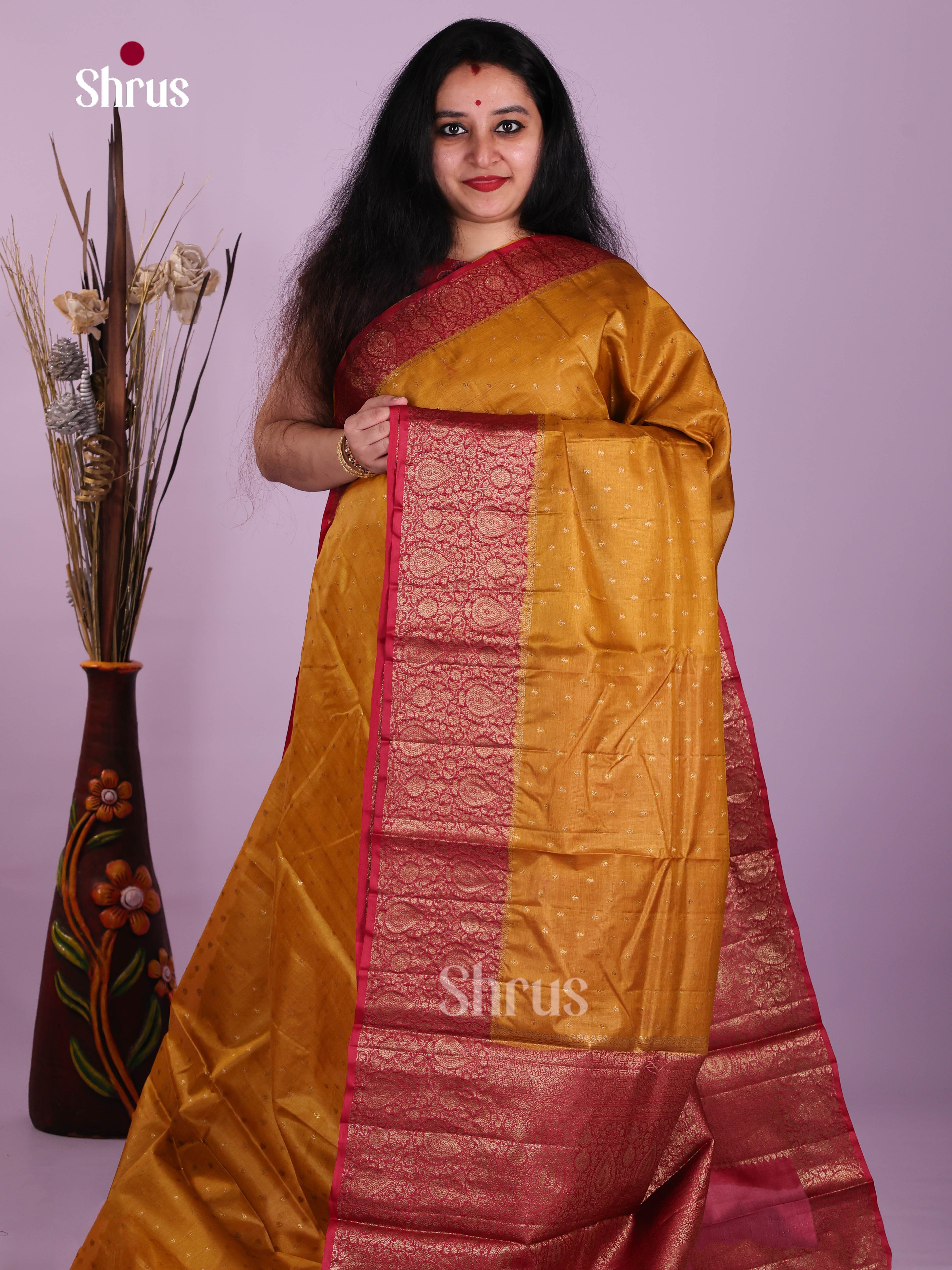 Radiant Mustard Handloom Tussar Saree With Small Buttis & Red Pallu