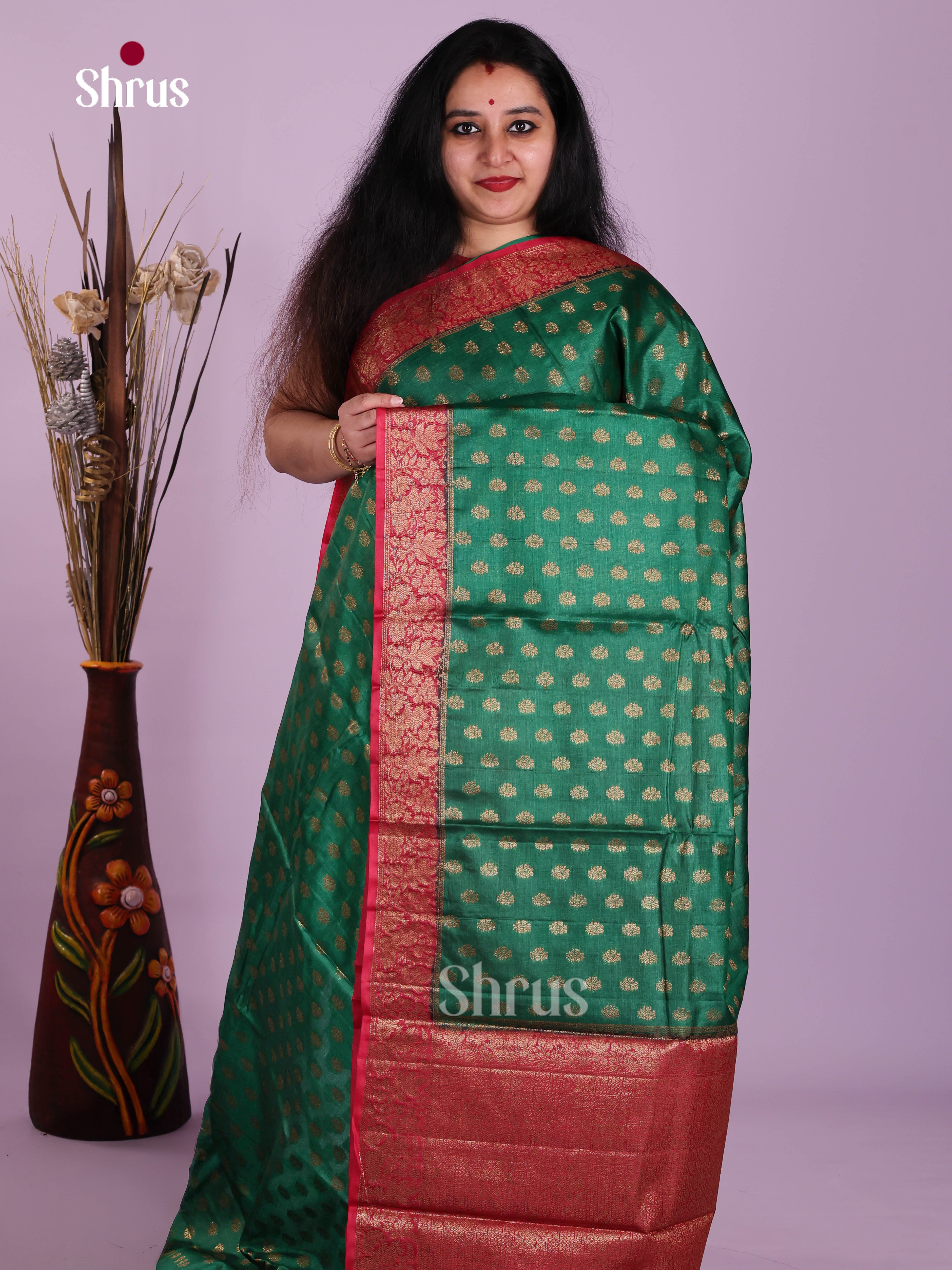Classic Green Handloom Tussar Saree With Floral Buttas & Red Zari Woven Pallu