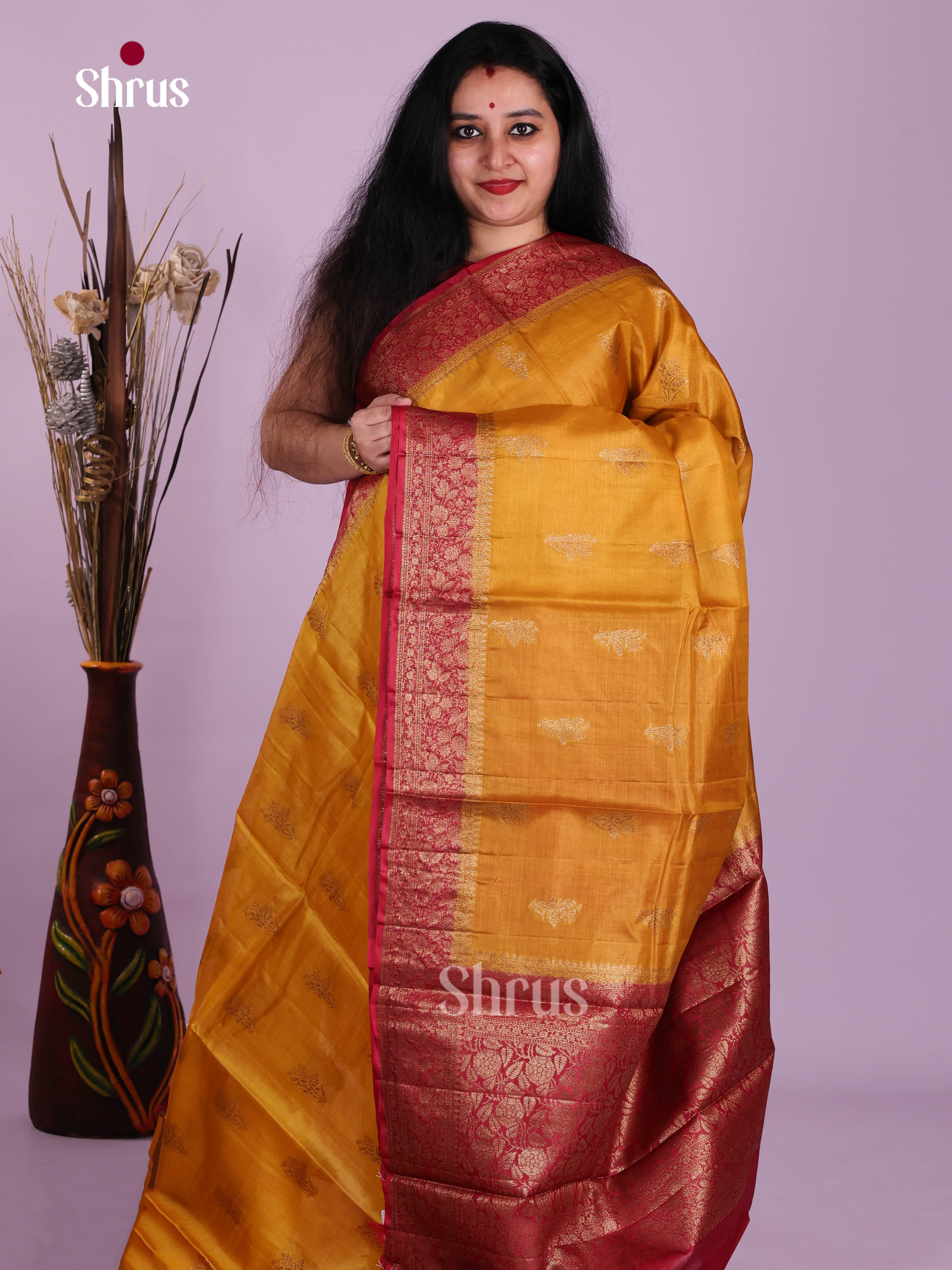 Golden Mustard Handloom Tussar Saree With Floral Motifs & Red Pallu