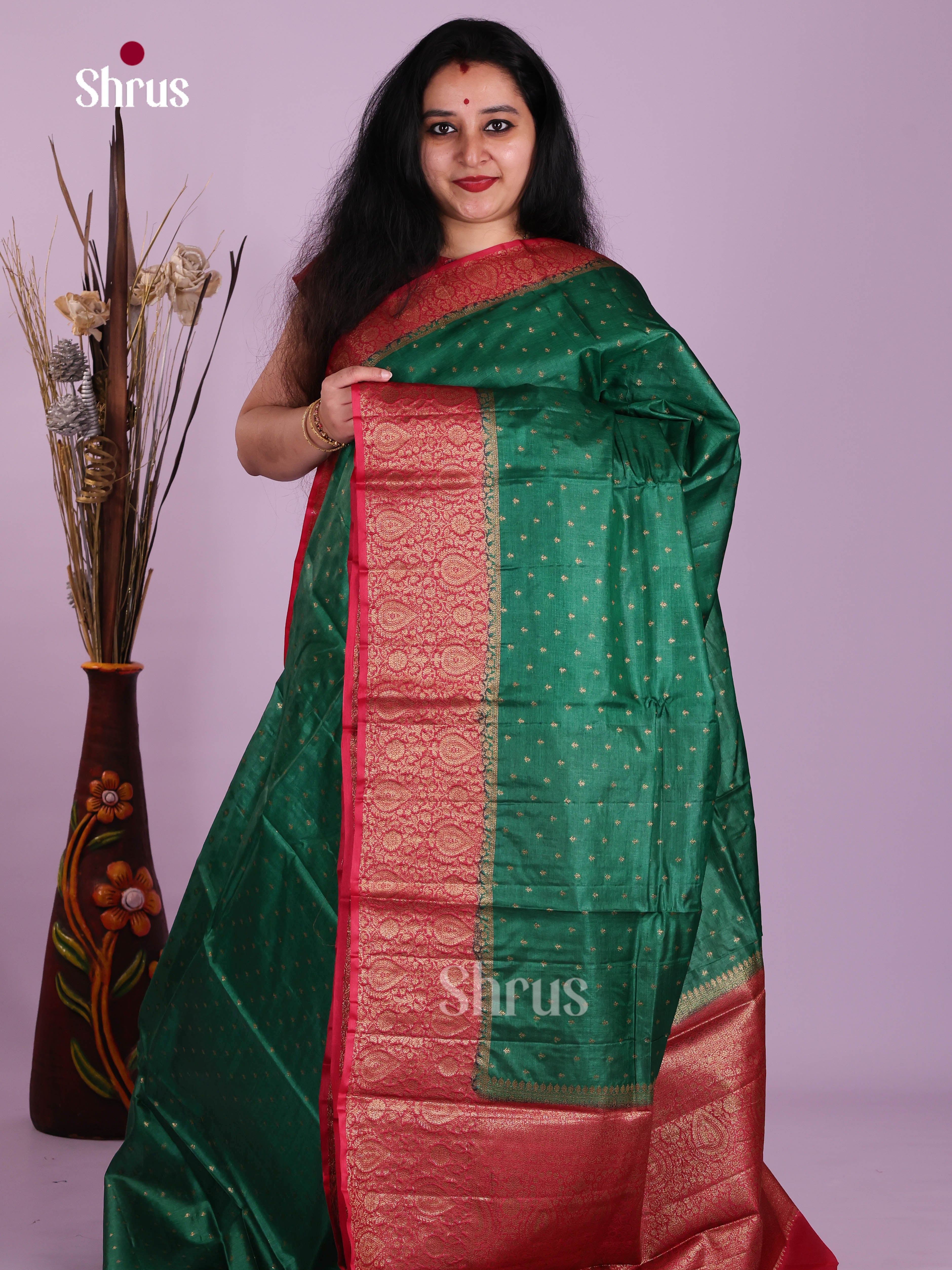 Glorious Emerald Green Tussar Silk Saree with Small Buttas & Red Pallu