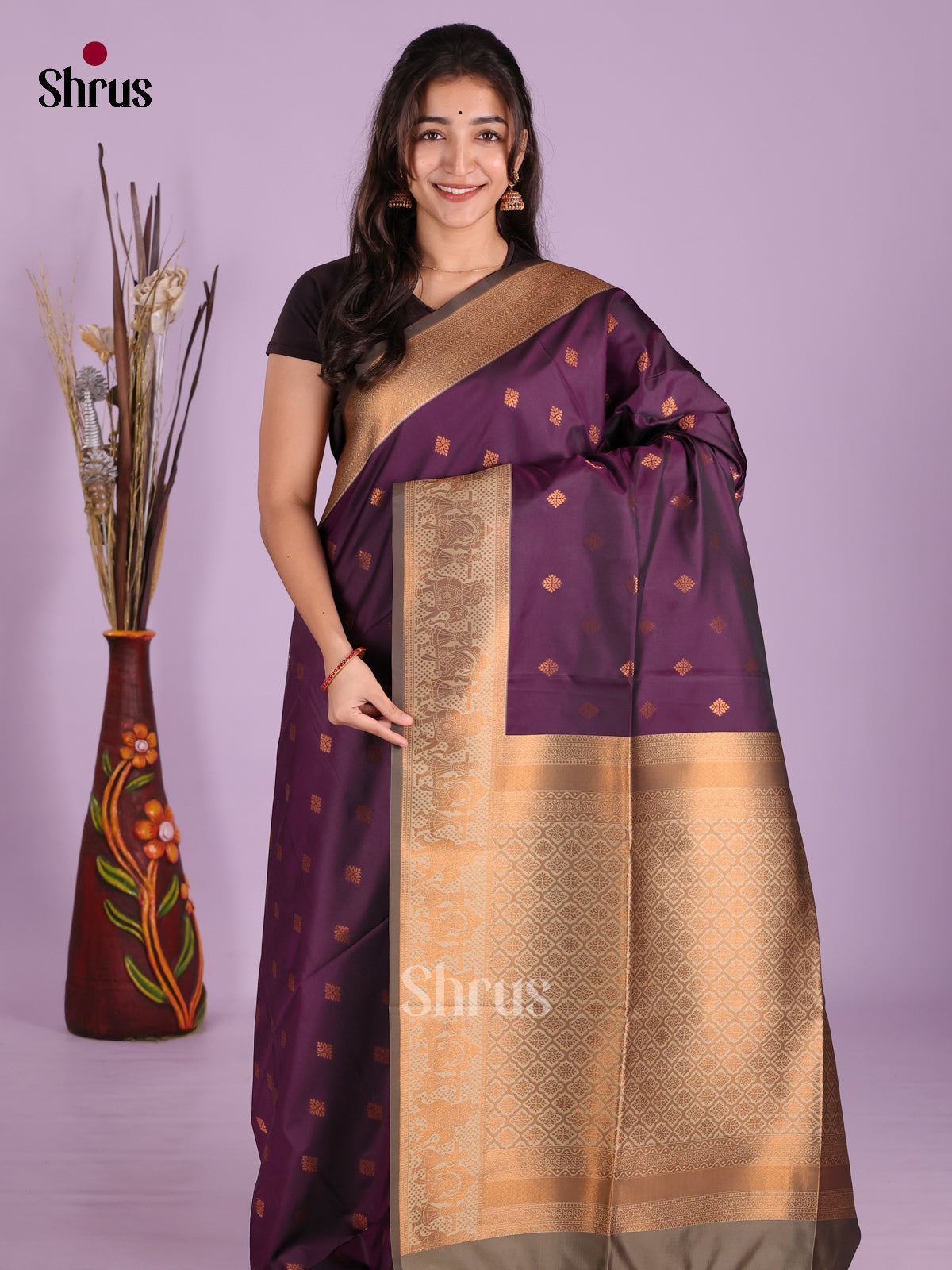 Purple & Grey- Semi Softsilk Saree