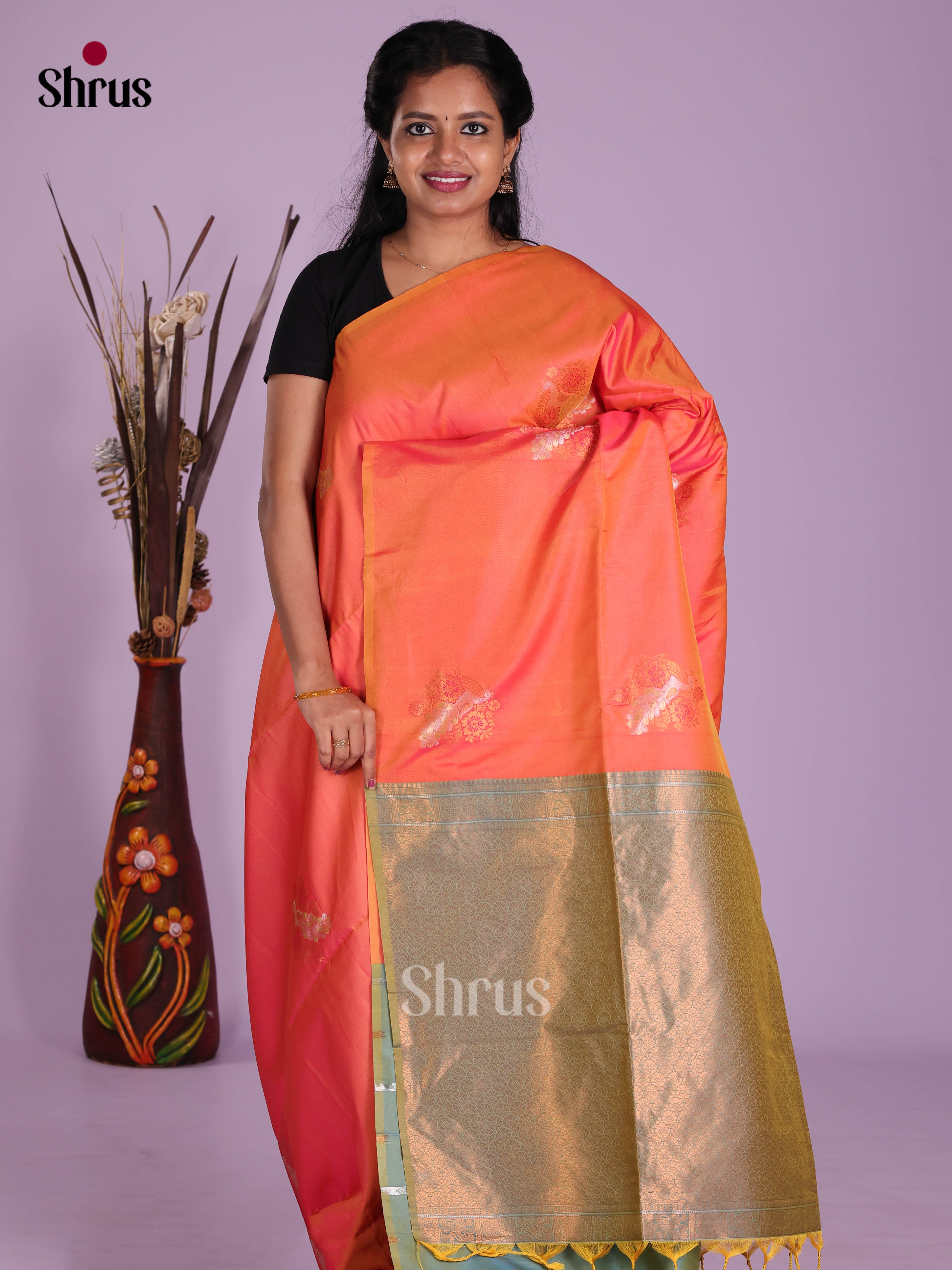 Orange & Green - Semi Softsilk Saree