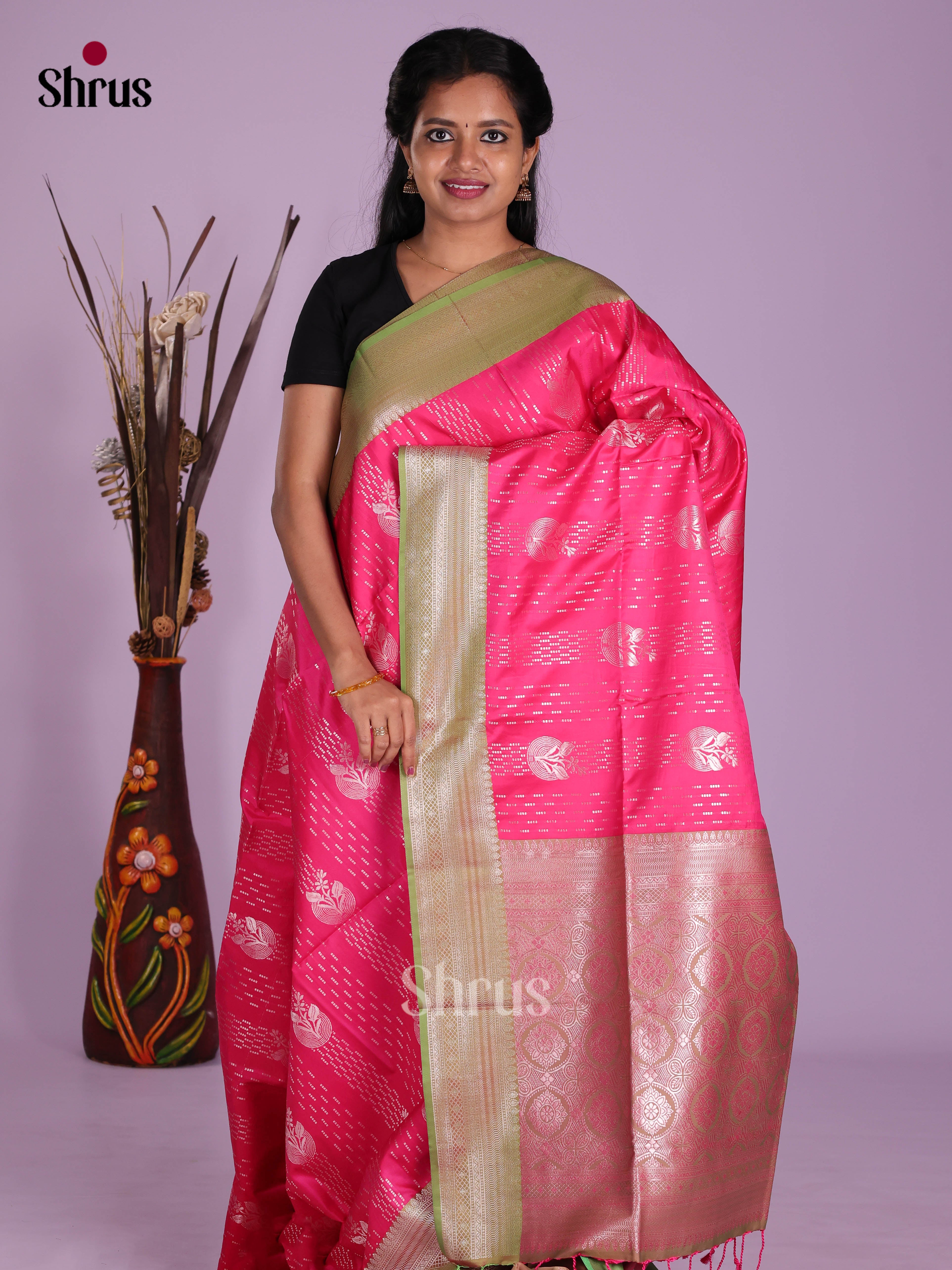 Pink & Green - Semi Softsilk Saree
