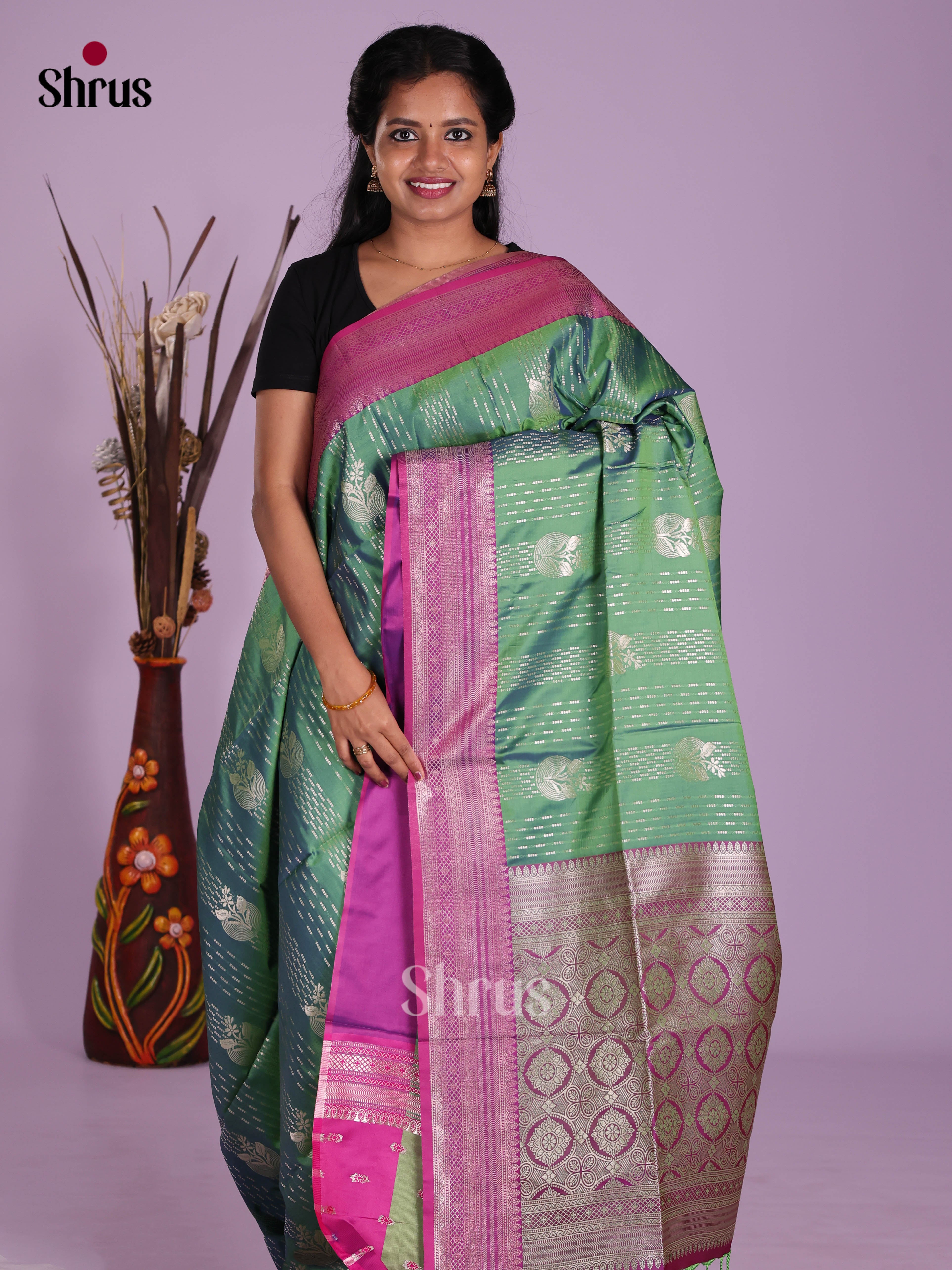 Green & Purple - Semi Softsilk Saree