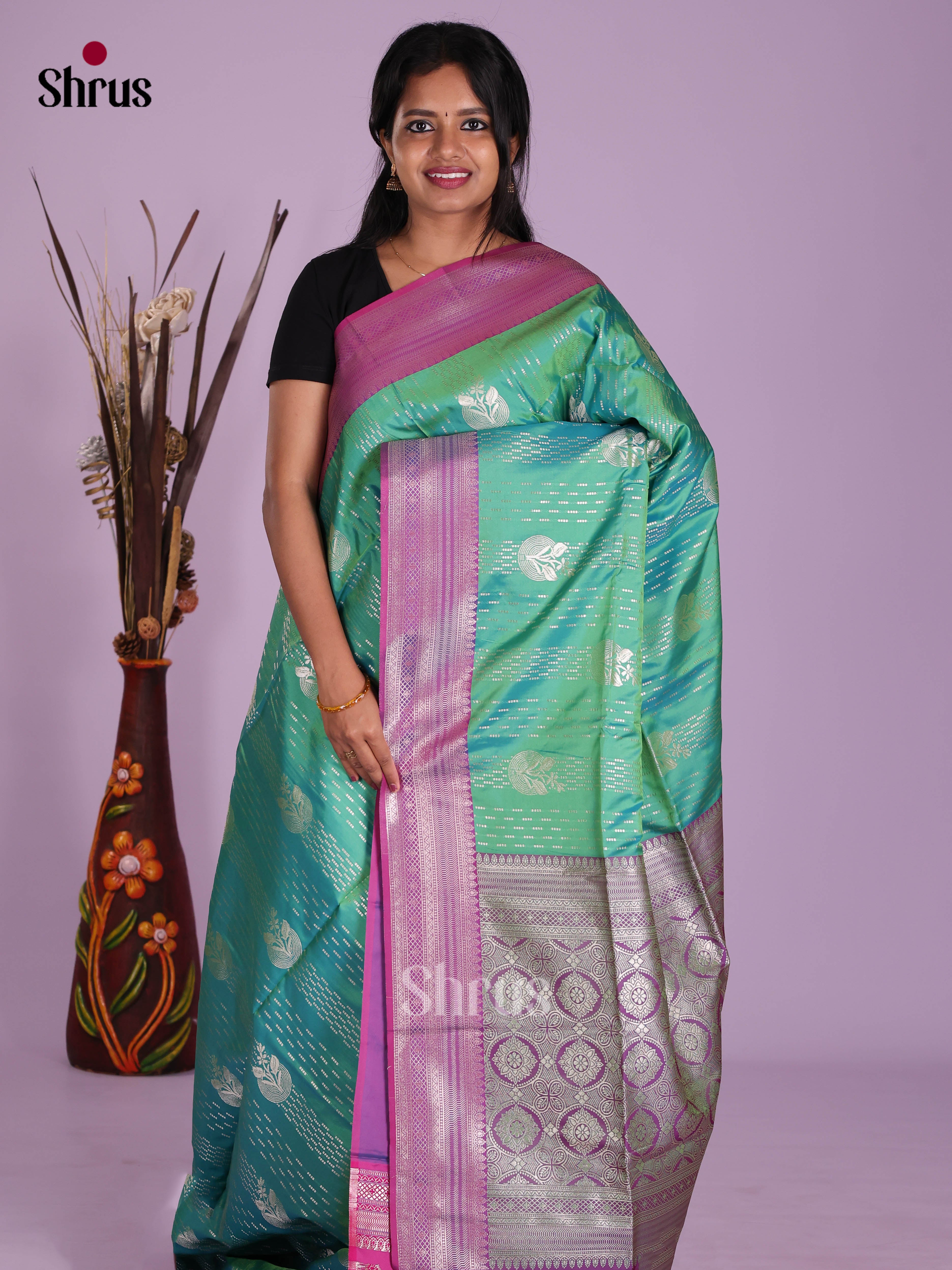 Green & Purple - Semi Softsilk Saree