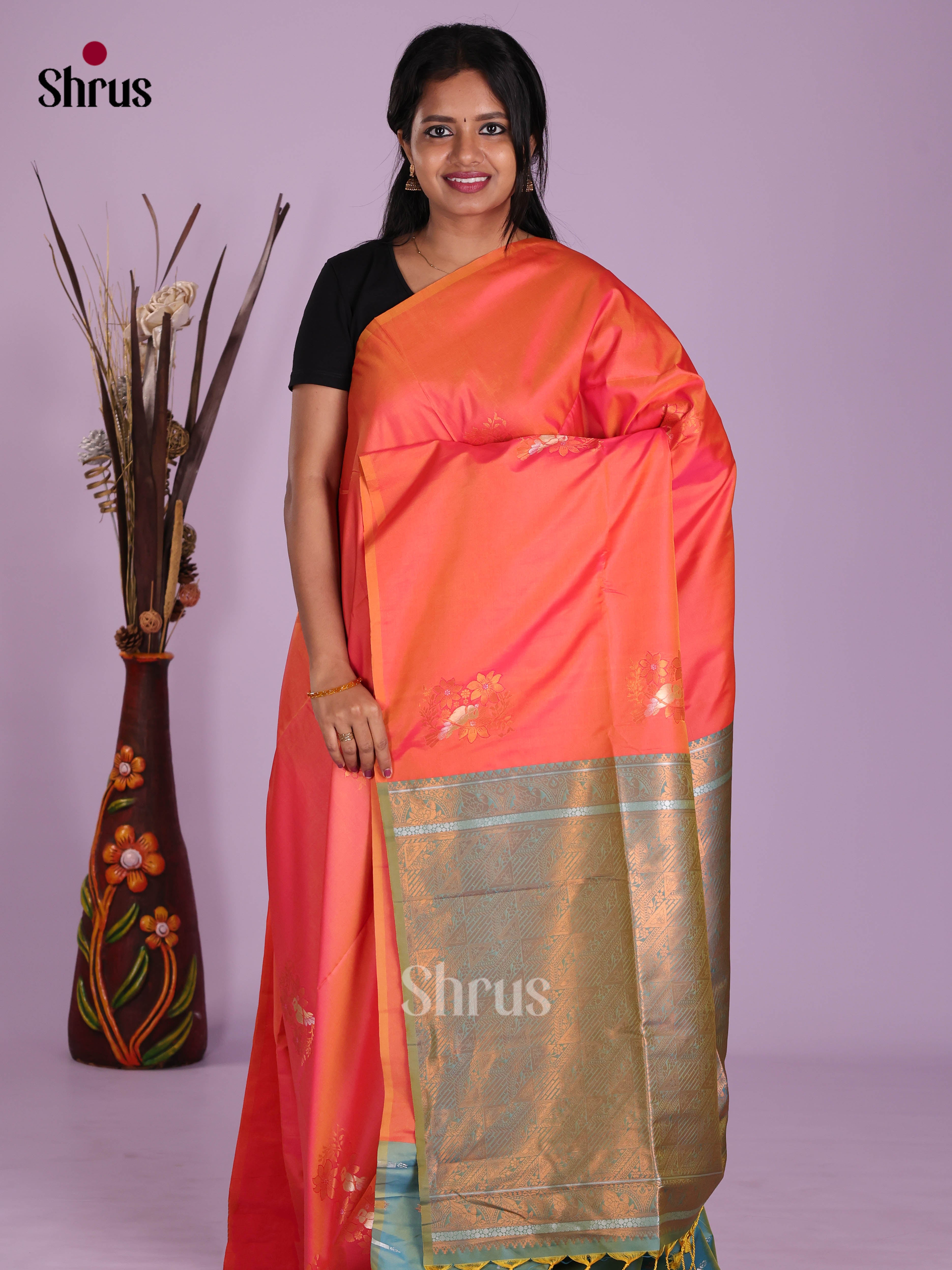 Orange & Green - Semi Softsilk Saree