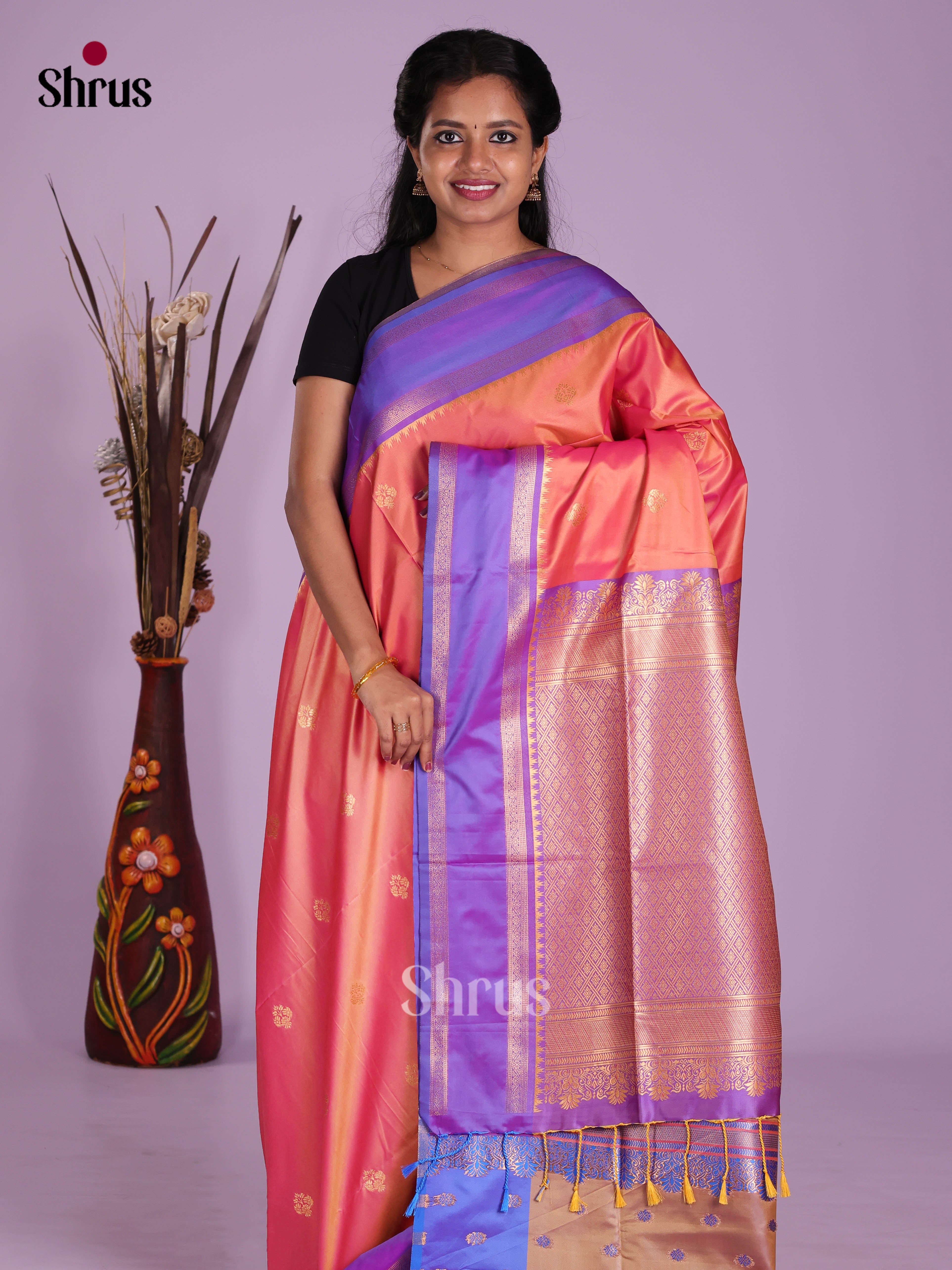 Orangish Pink & purple- Semi Softsilk Saree
