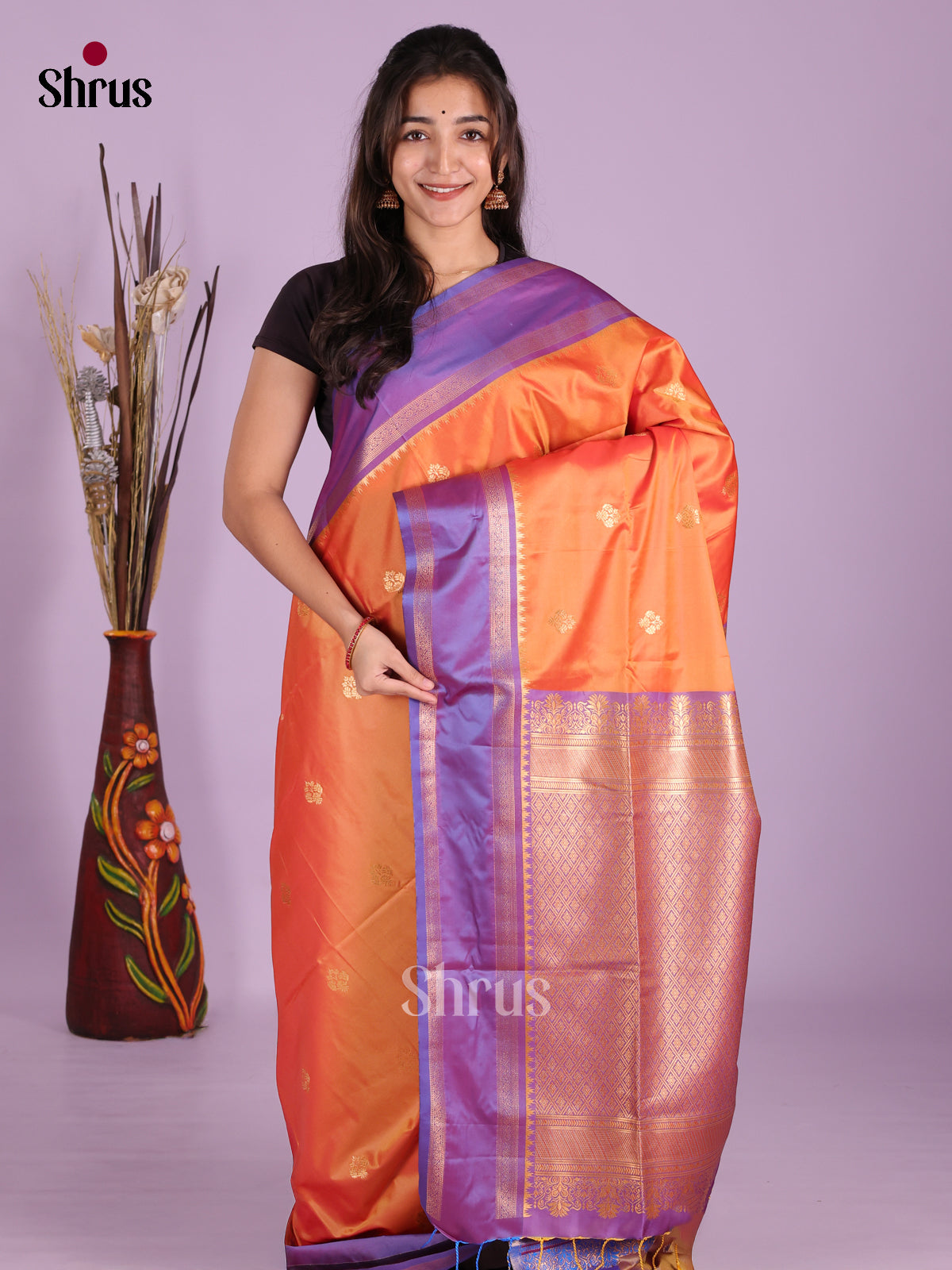 Orange & Purple - Semi Softsilk Saree