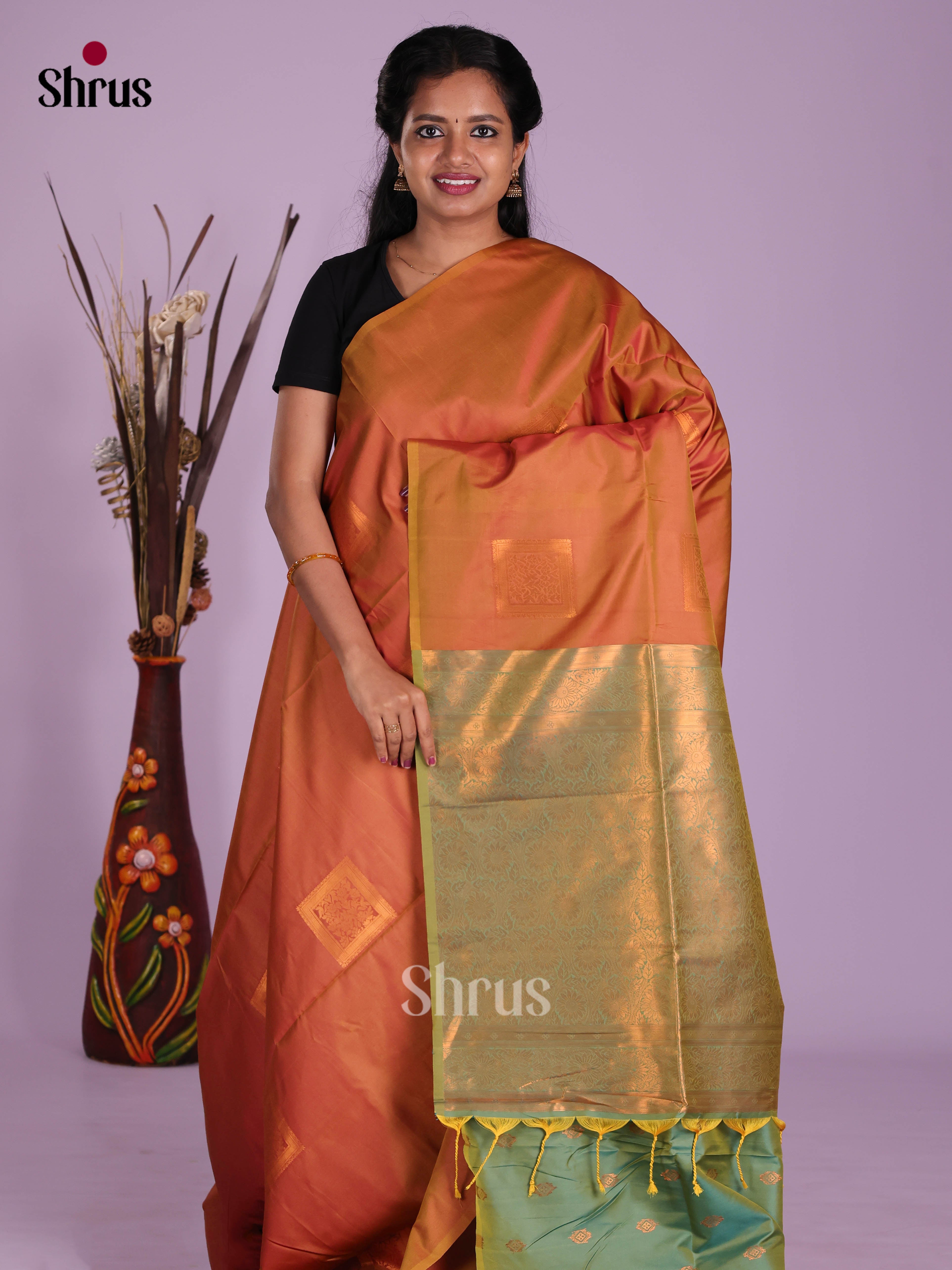 Brick & Green- Semi Softsilk Saree