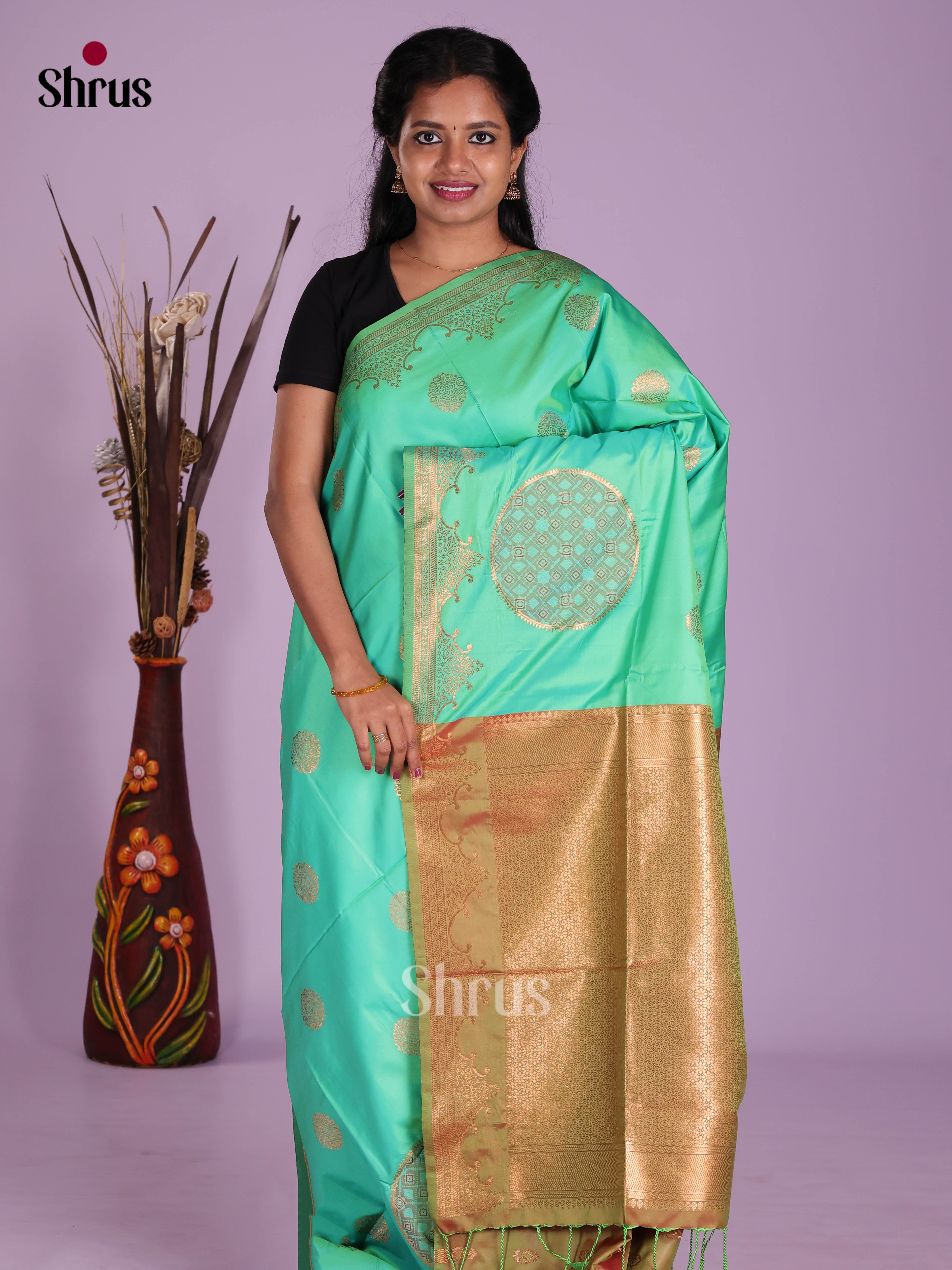 Teal Green & Mehandi- Semi Softsilk Saree