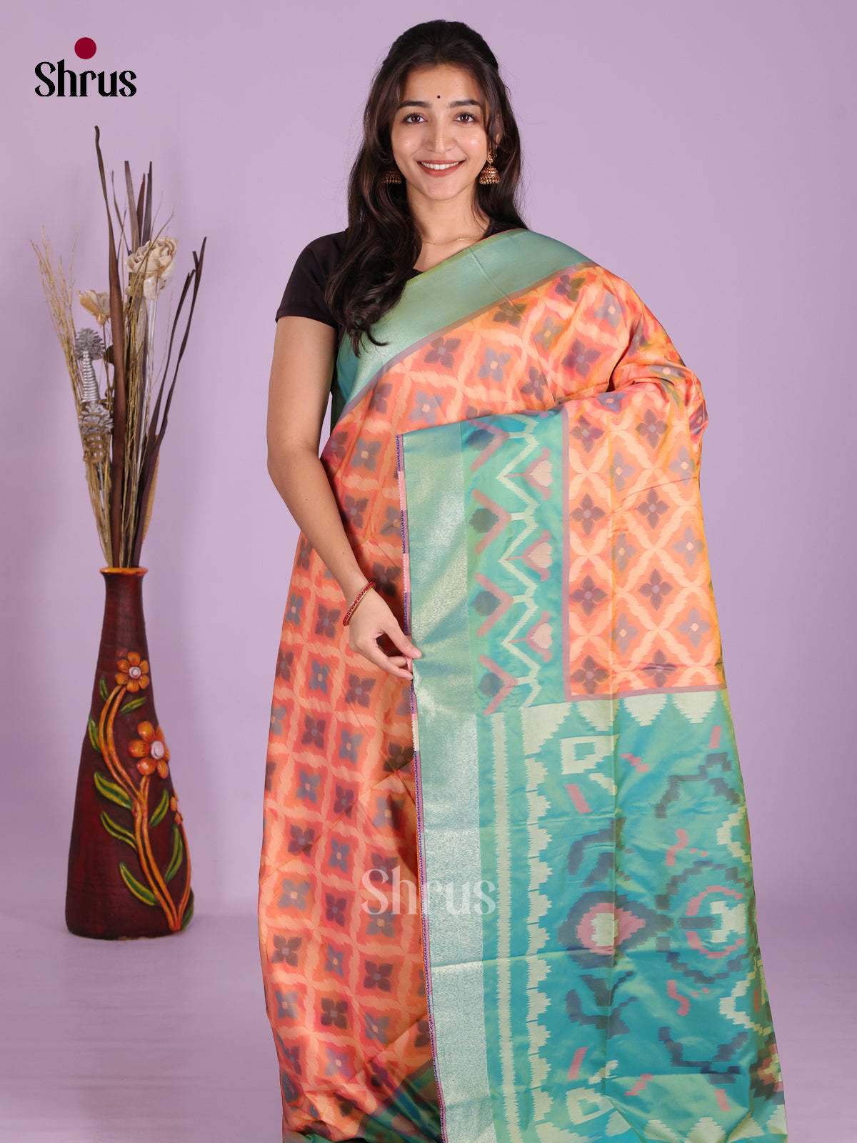 Orange & Green- Semi Softsilk Saree