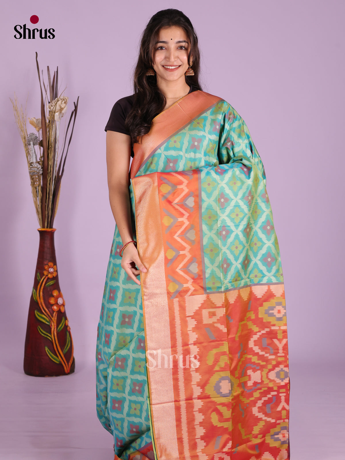 Green & Orange - Semi Softsilk Saree