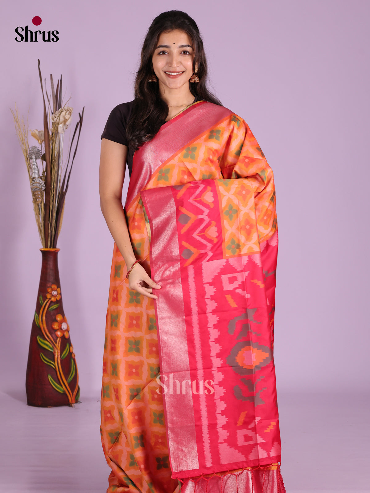Orange & Pink - Semi Softsilk Saree