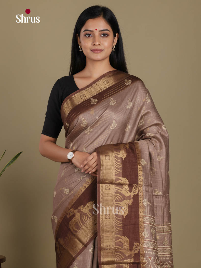 Grey & Brown - Semi Dola silk Saree