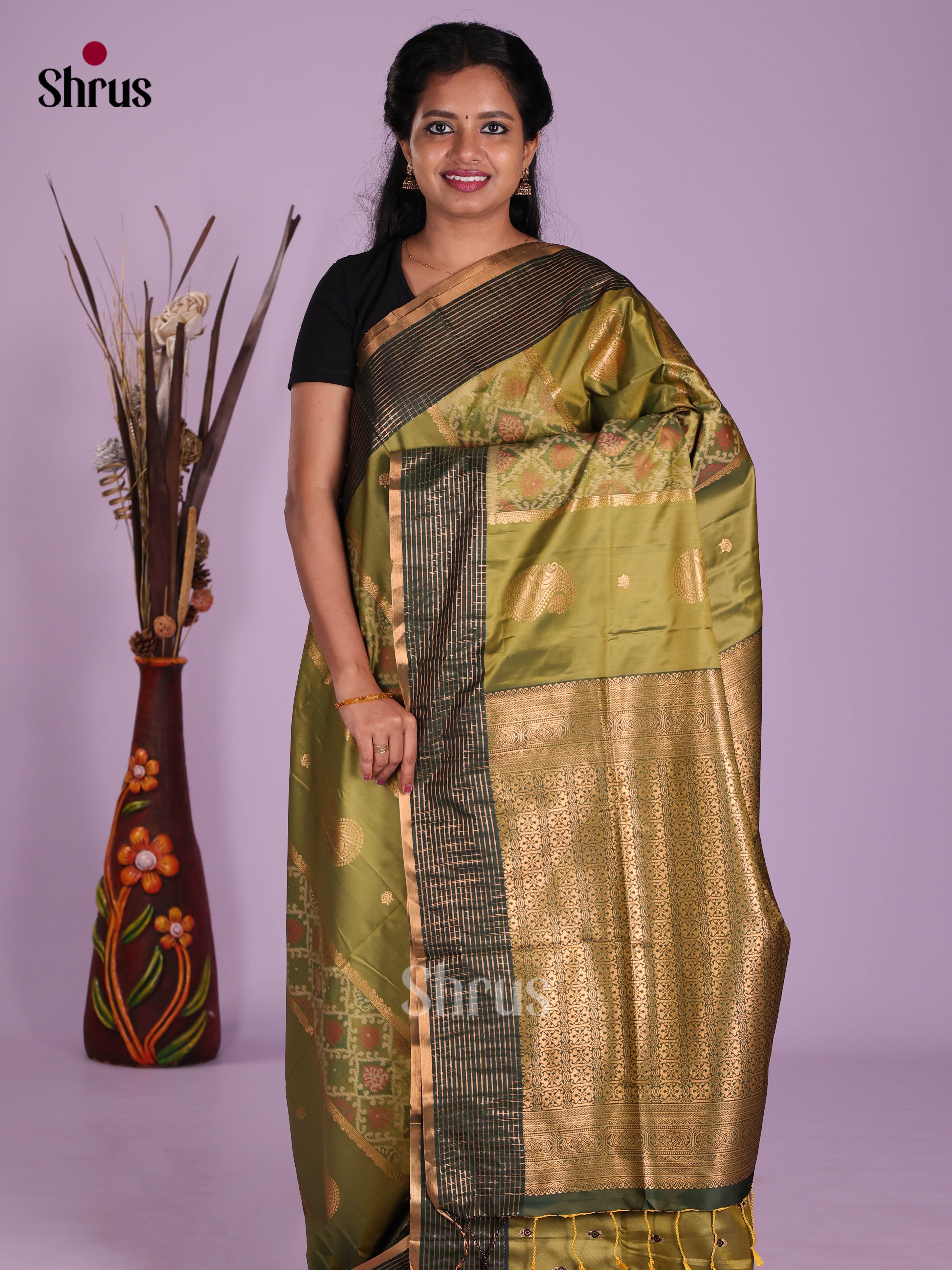 Olive Green & Green - Semi Softsilk Saree