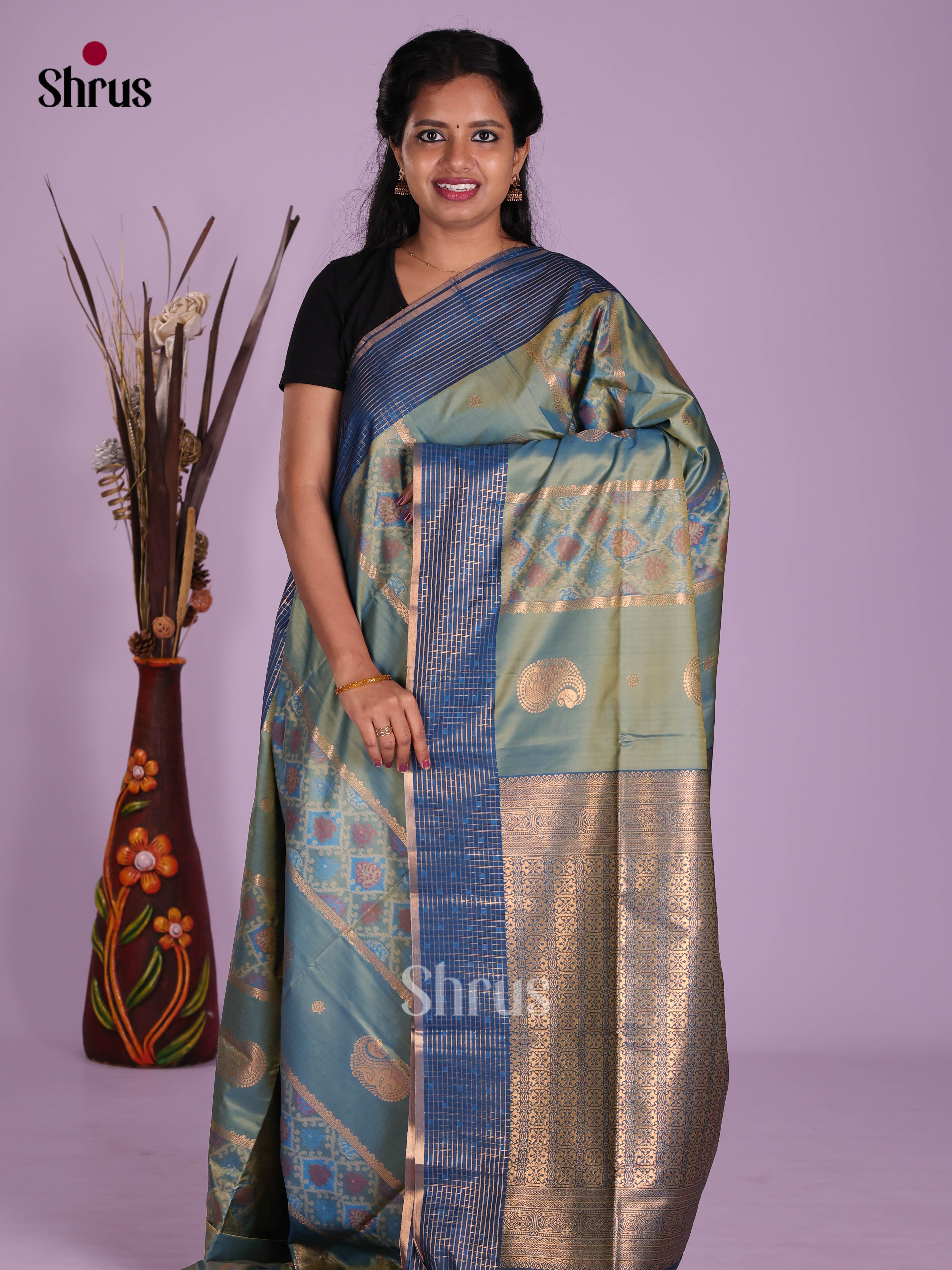 double Shaded Green & Blue - Semi Softsilk Saree