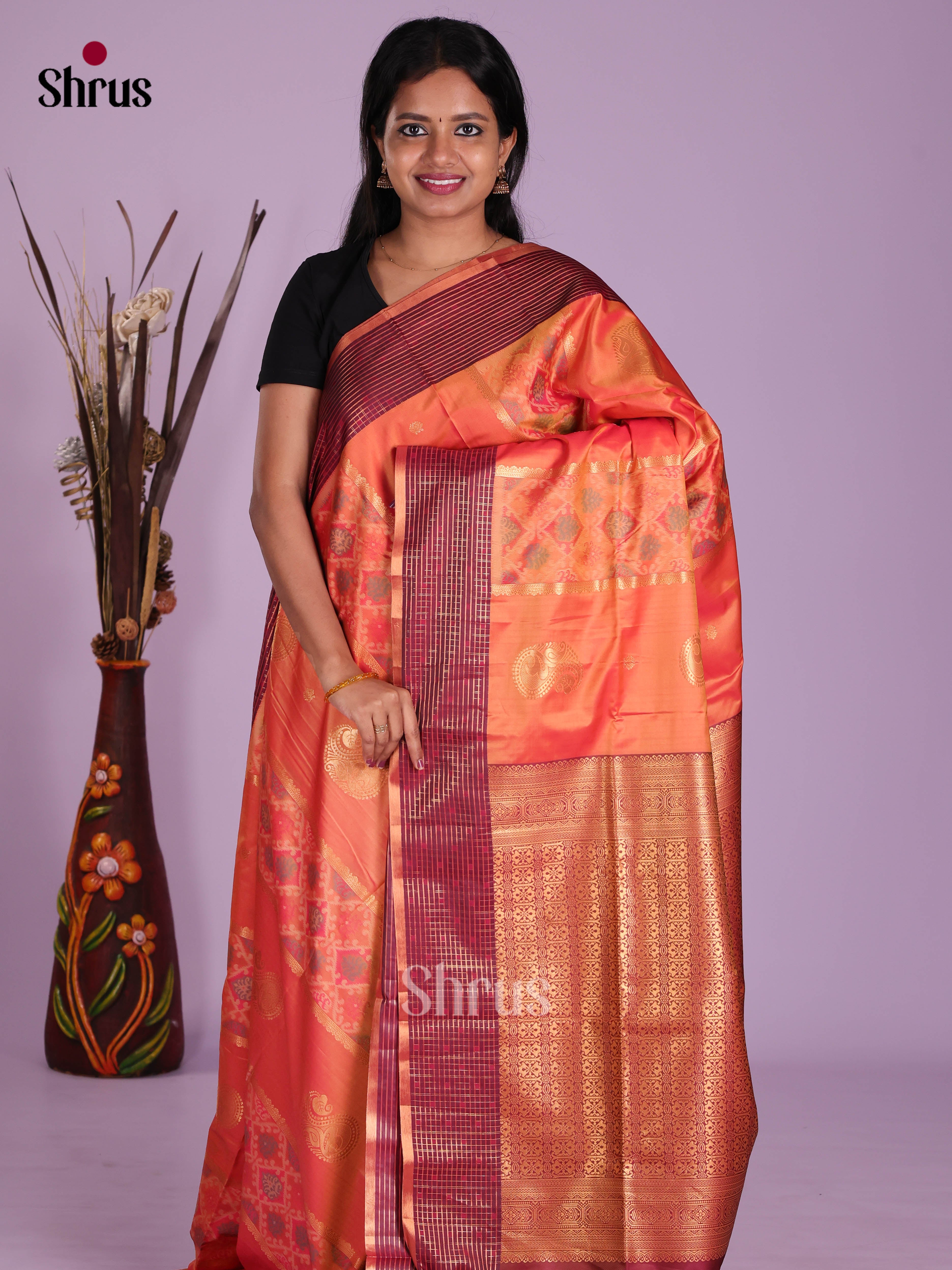 Orange & Maroon - Semi Softsilk Saree