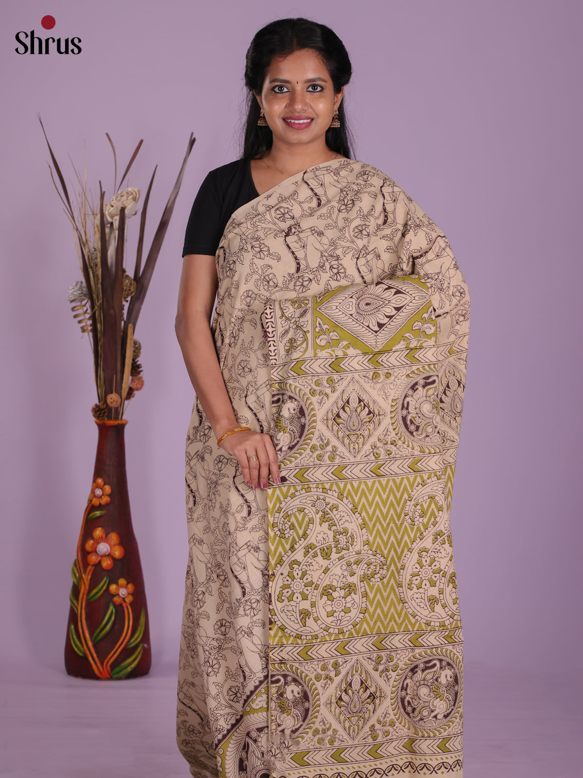 Cream & Green - kalamkari-cotton Saree