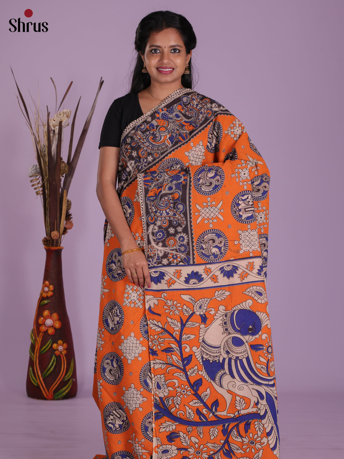 Orange & Blue - kalamkari-cotton Saree