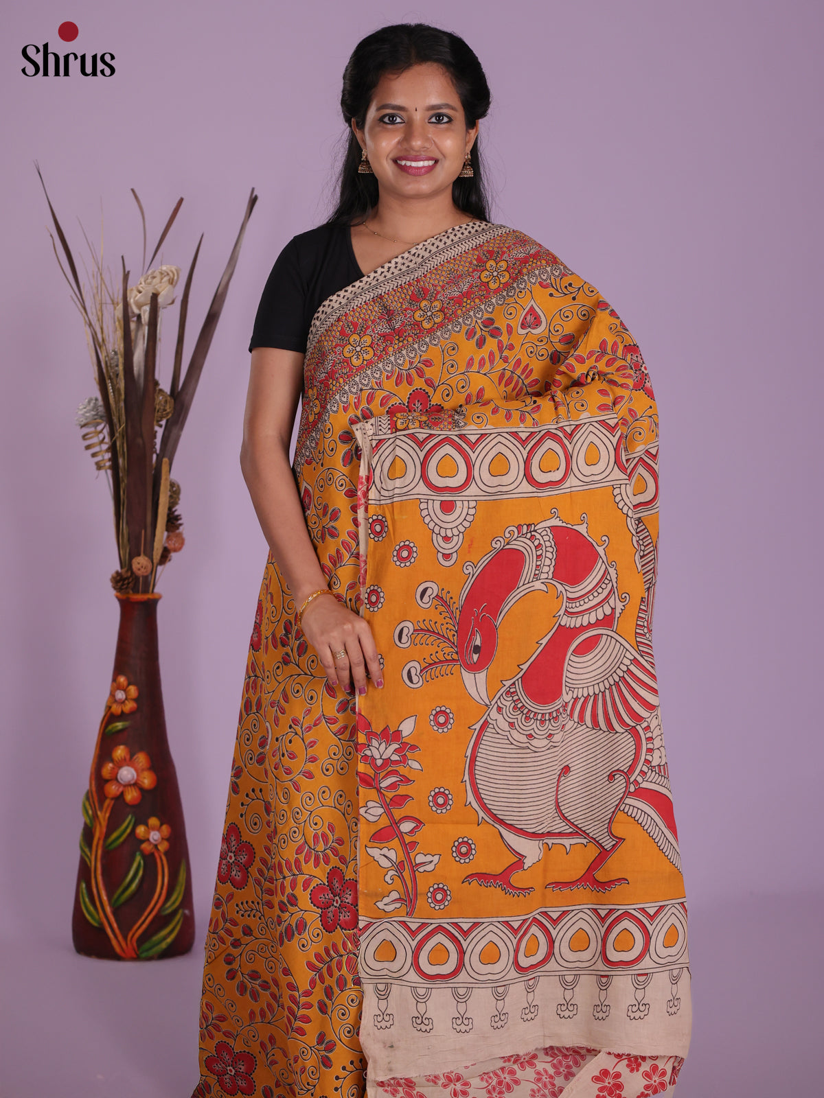 Mustard & Red - kalamkari-cotton Saree