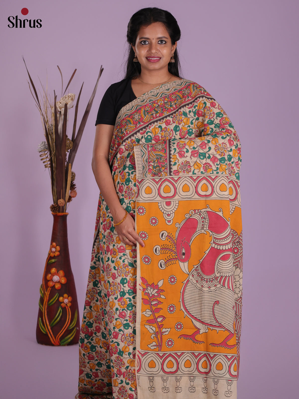 Cream & Green- kalamkari-cotton Saree