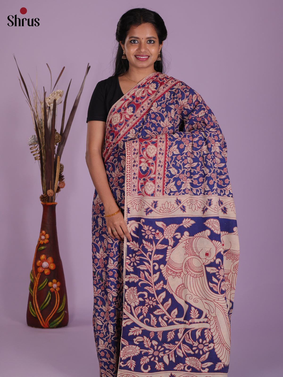 Blue & Red - kalamkari-cotton Saree