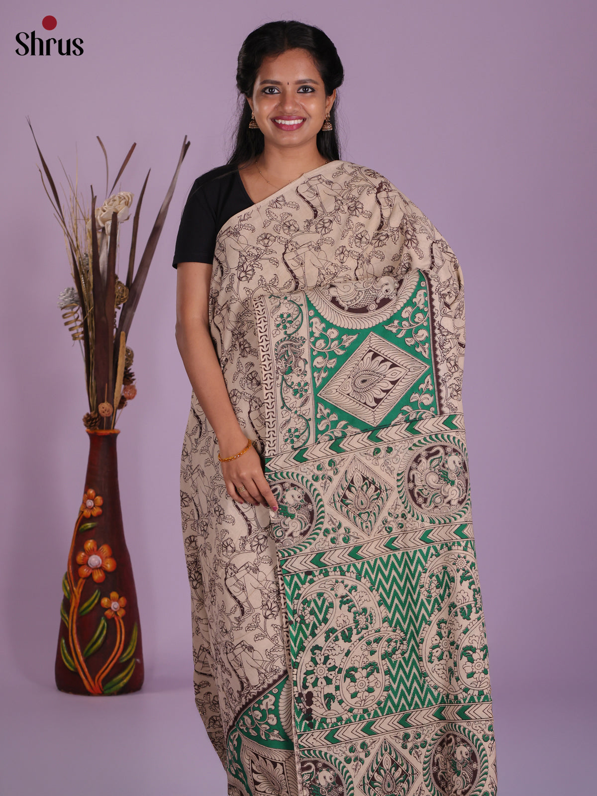 Cream & Green - kalamkari-cotton Saree