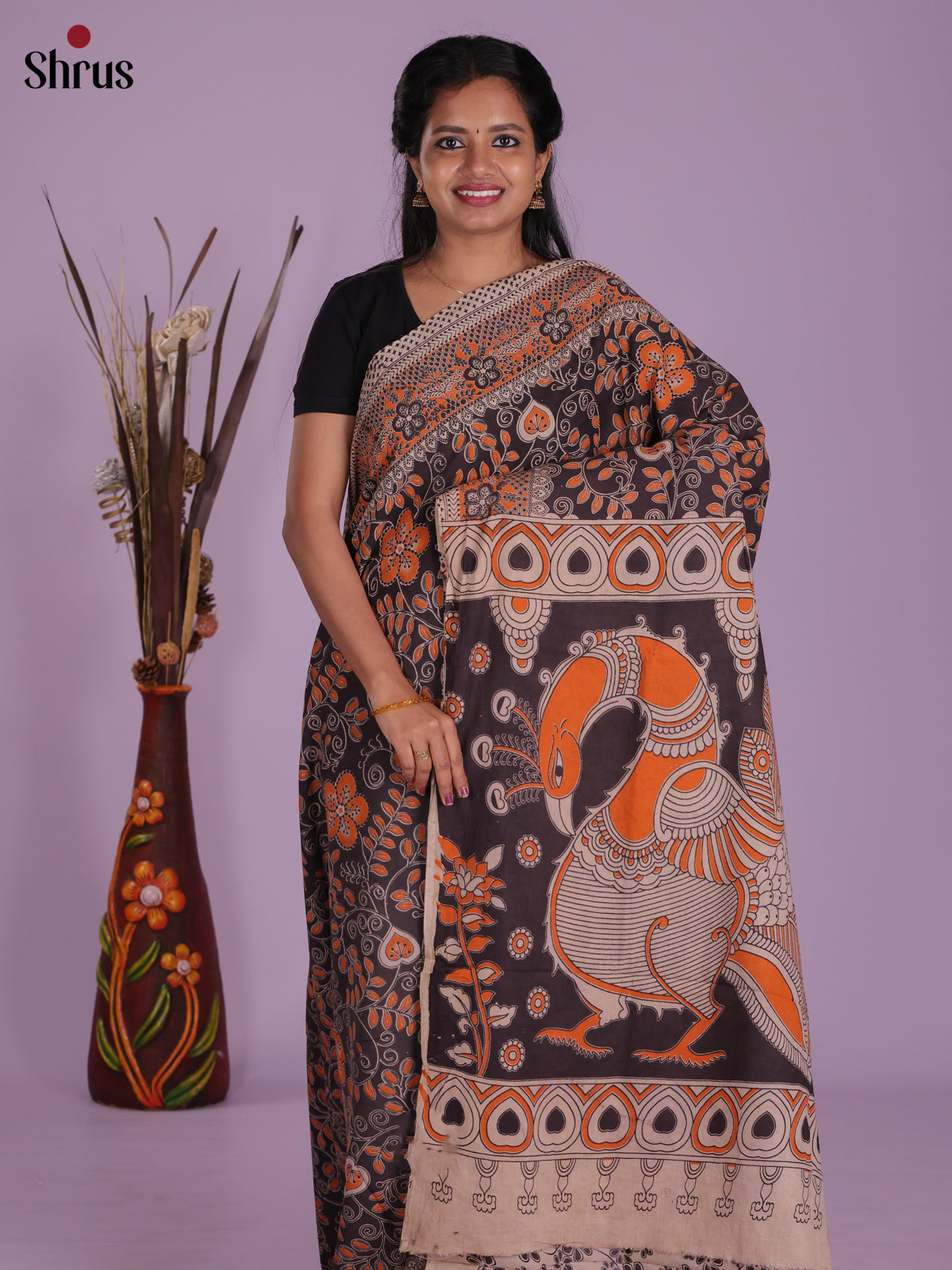 black & Orange - kalamkari-cotton Saree