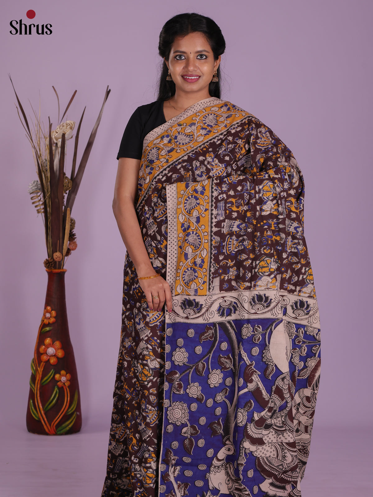 Brown & Blue - kalamkari-cotton Saree