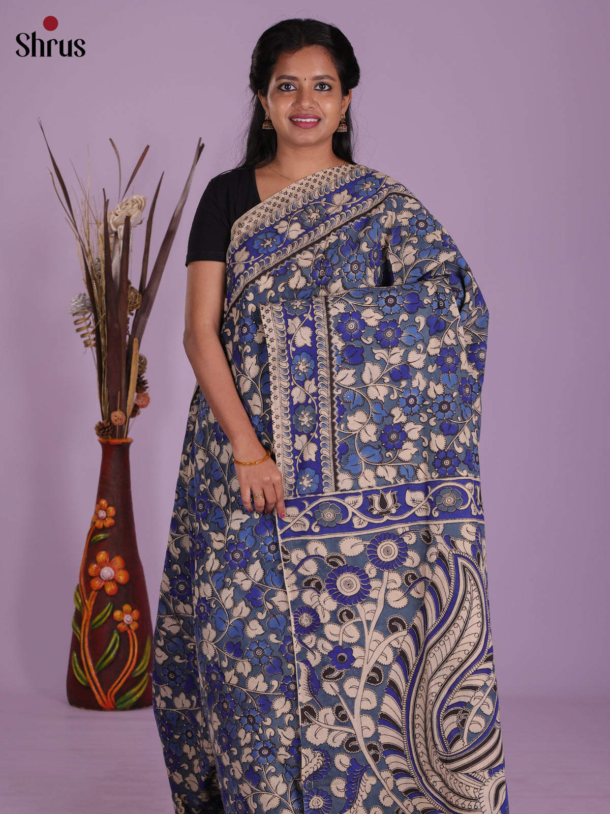 Blue & Cream - kalamkari-cotton Saree