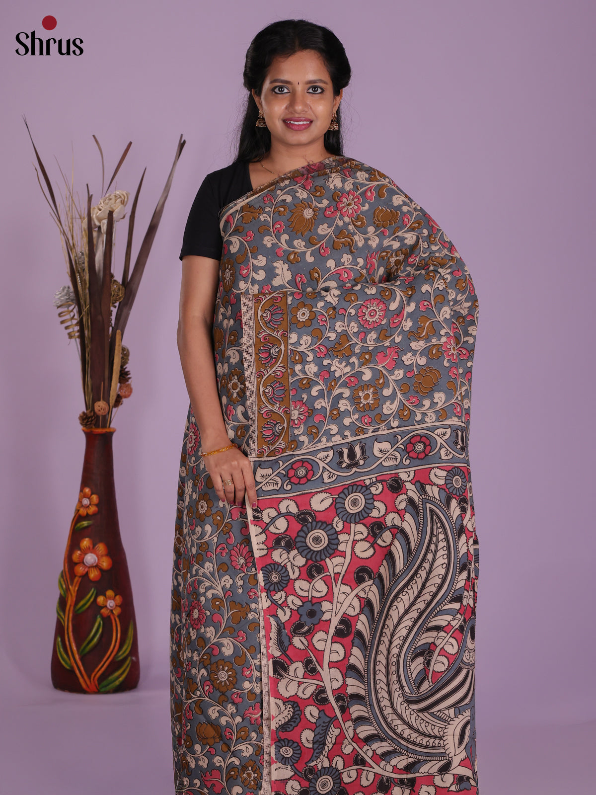 Grey & Pink - kalamkari-cotton Saree