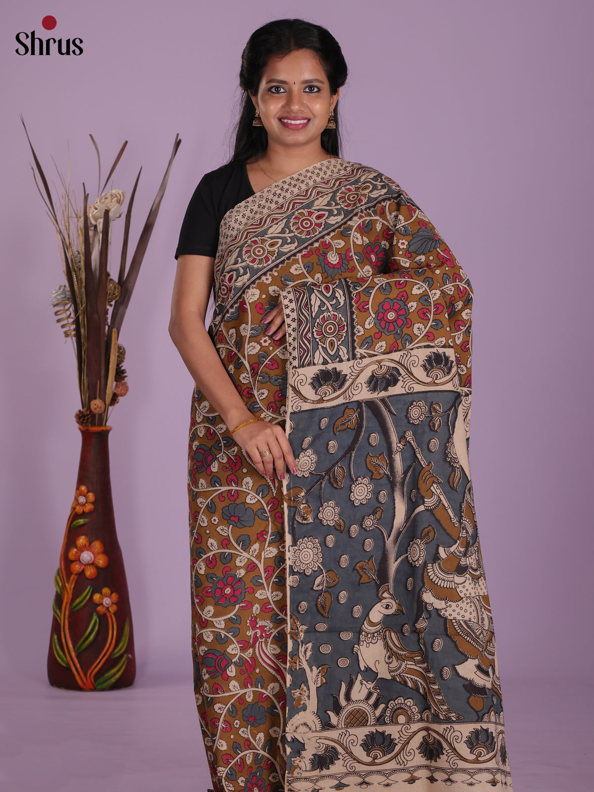 Mehandi & Grey - kalamkari-cotton Saree
