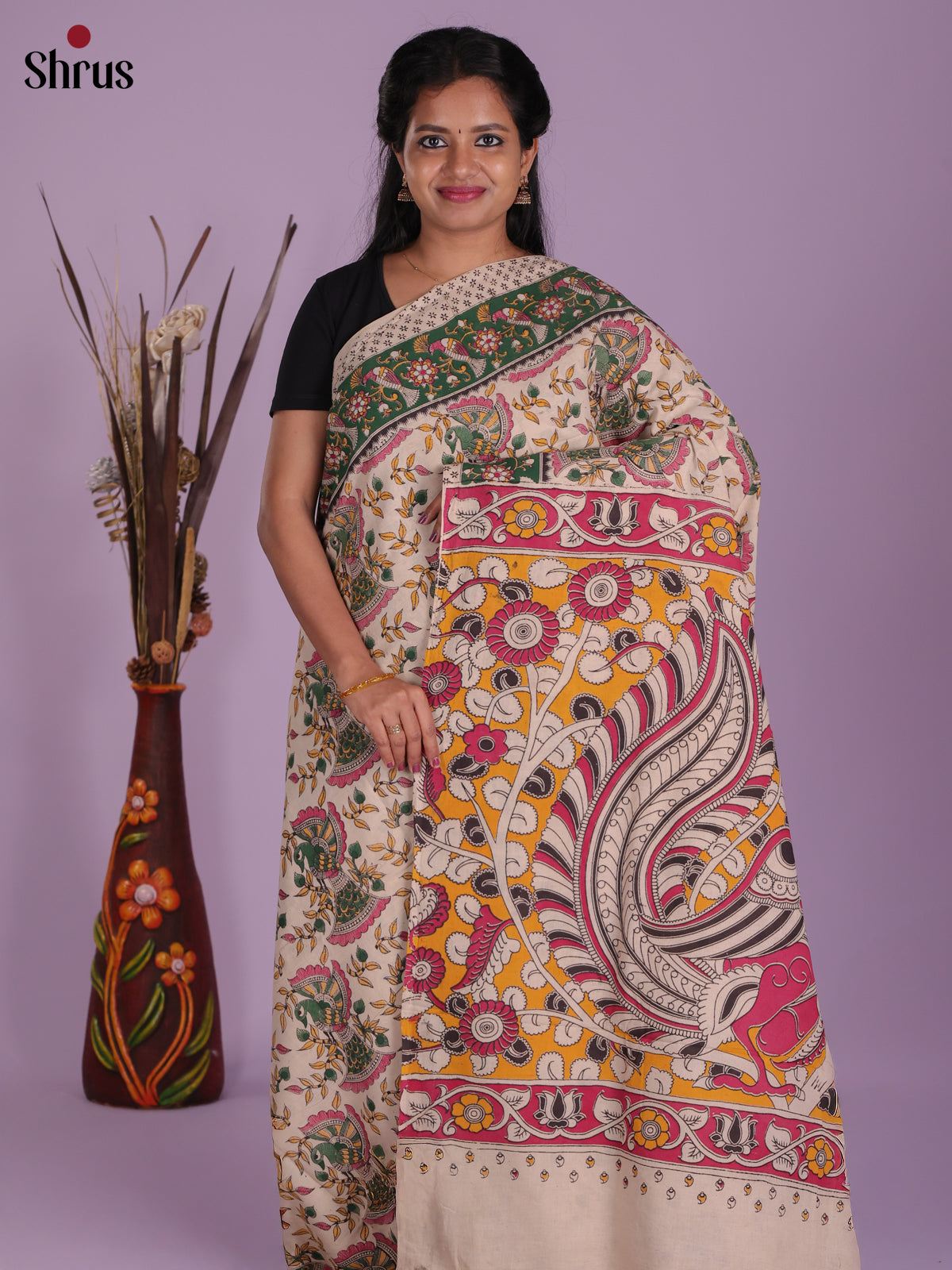 Cream & Green- kalamkari-cotton Saree