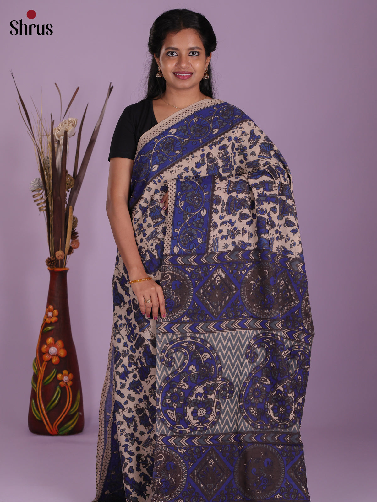 Cream & Blue- kalamkari-cotton Saree