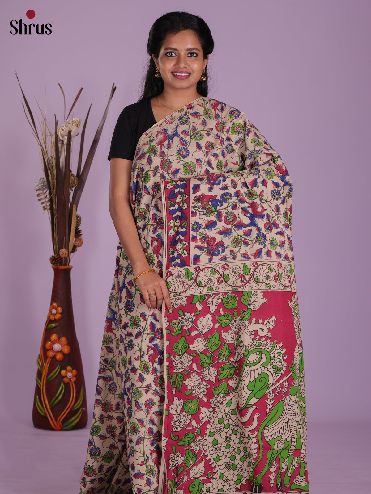 Cream & Pink - kalamkari-cotton Saree