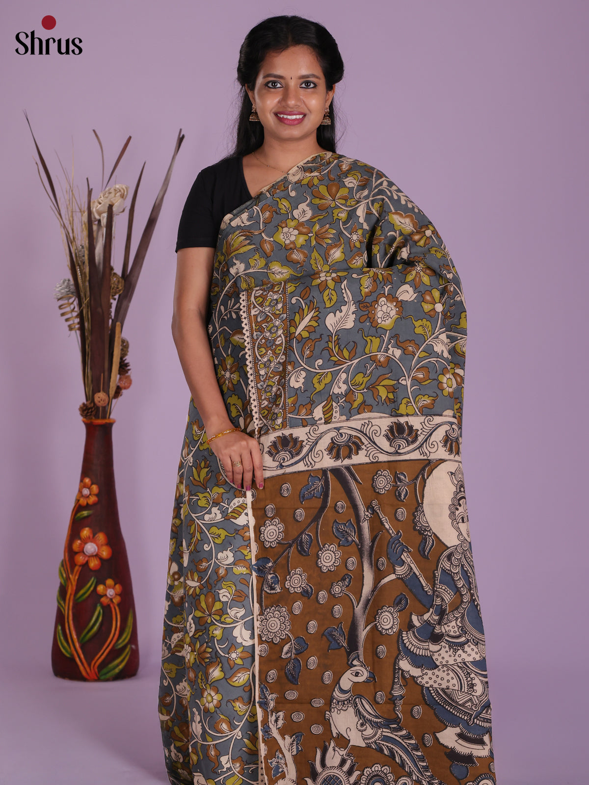 Grey & Mehandi - kalamkari-cotton Saree