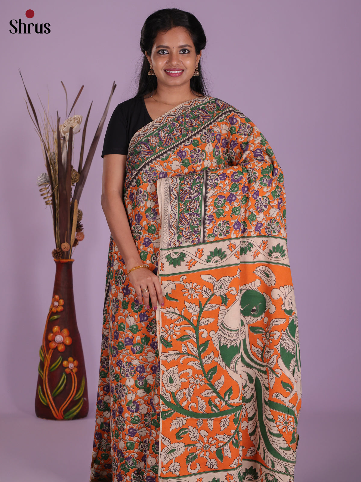 Orange & Green - kalamkari-cotton Saree