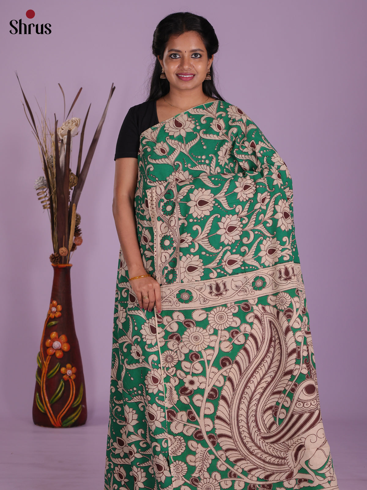 Green & Cream- kalamkari-cotton Saree