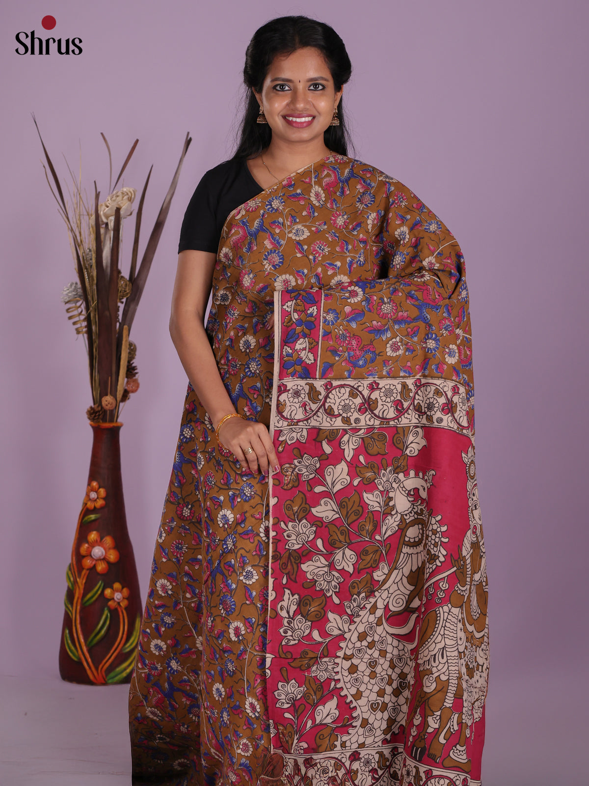 Dark Mustard & Pink - kalamkari-cotton Saree
