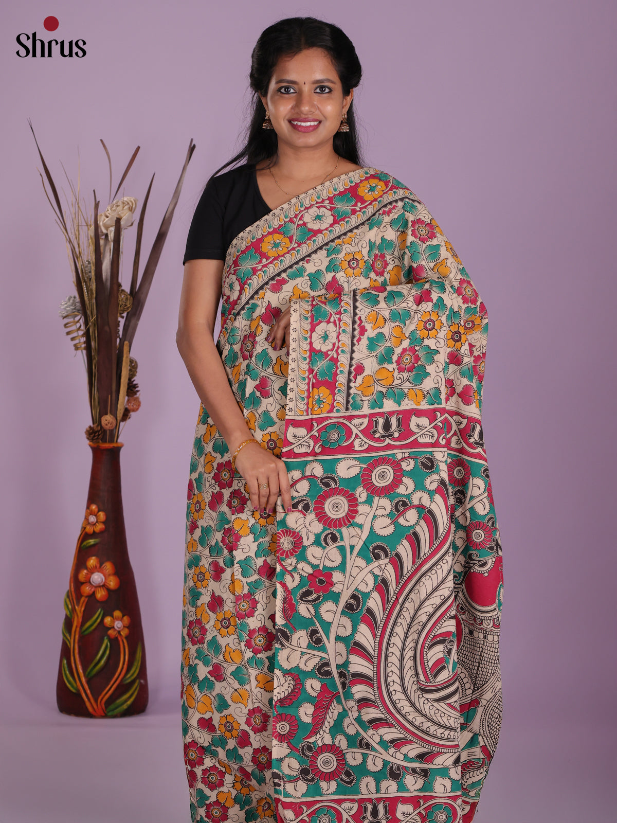 Cream & Teal- kalamkari-cotton Saree