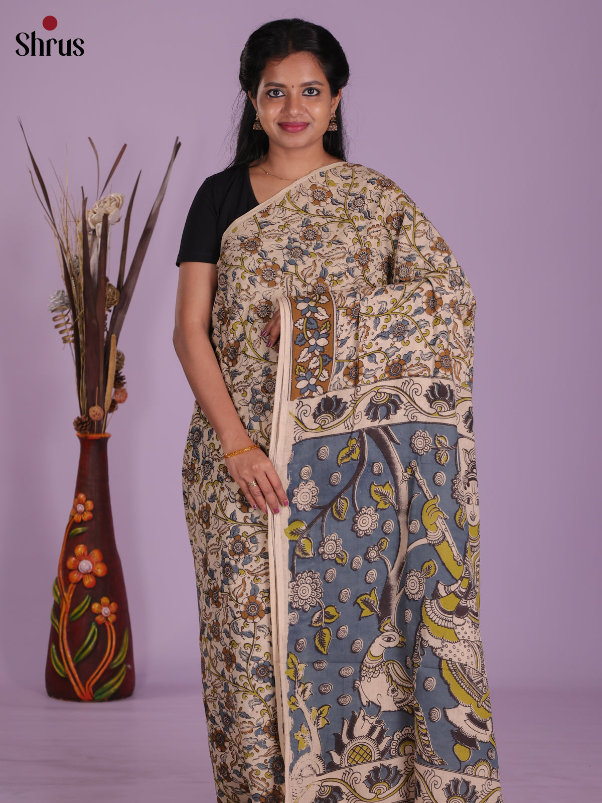 Cream & Grey - kalamkari-cotton Saree